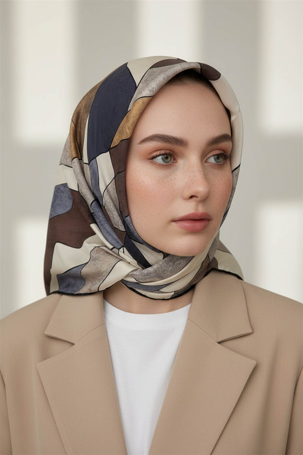 %100 Twill İpek Geometrik Desenli Bej - Gri Renkli 90x90 Eşarp Dikim Şekli : El Dikişi