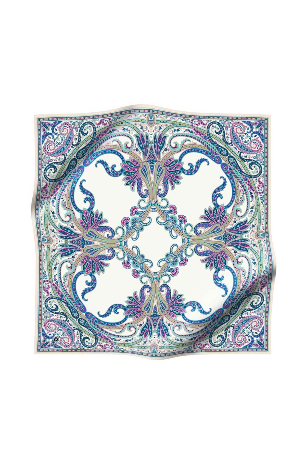 %100 Twill İpek Şal Desenli Krem - Saks Renkli 90x90 Eşarp Dikim Şekli : El Dikişi