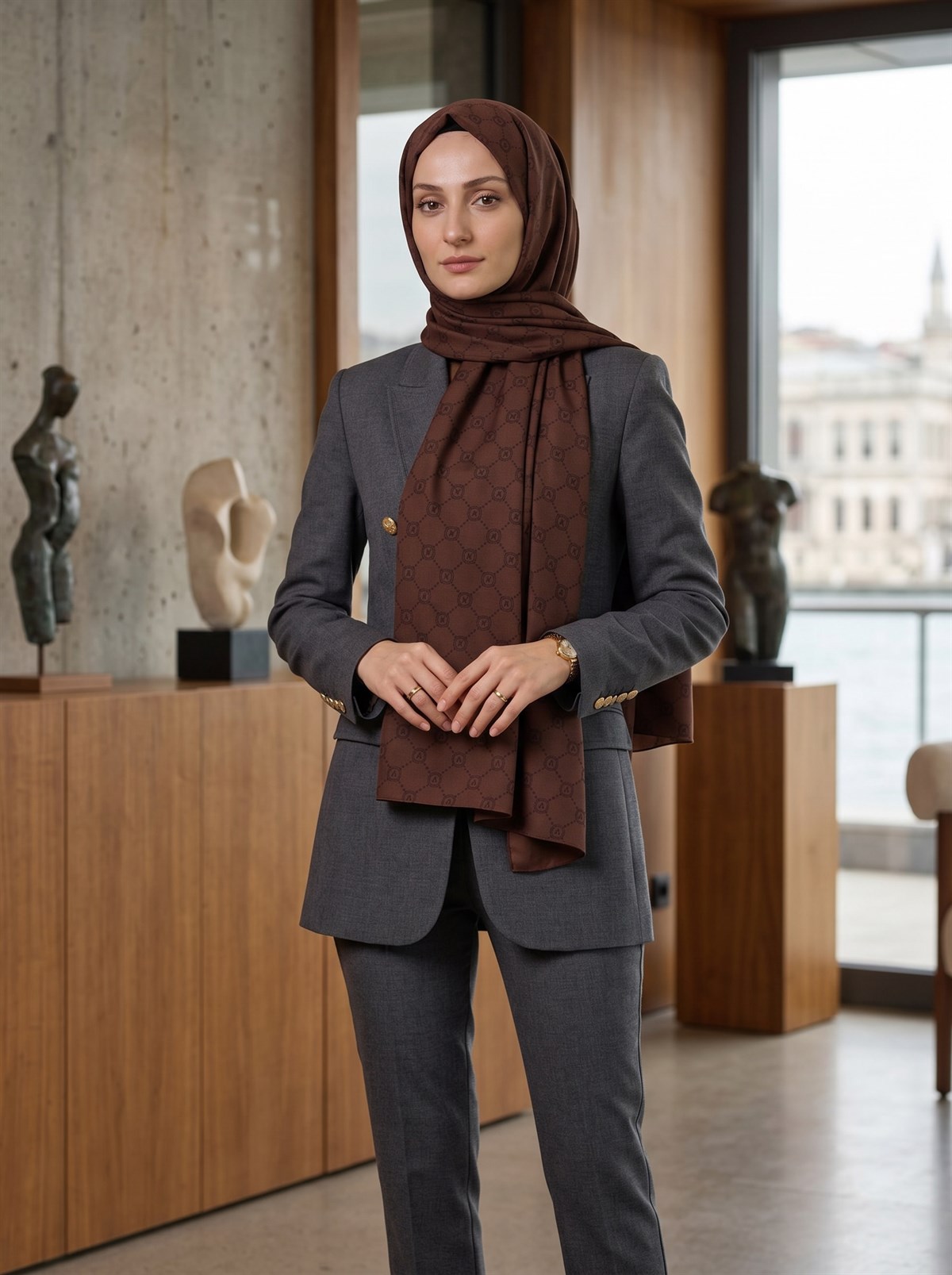 KREP MONOGRAM DESENLİ TABA RENKLİ 75X195 KIRIŞMAZ ŞAL