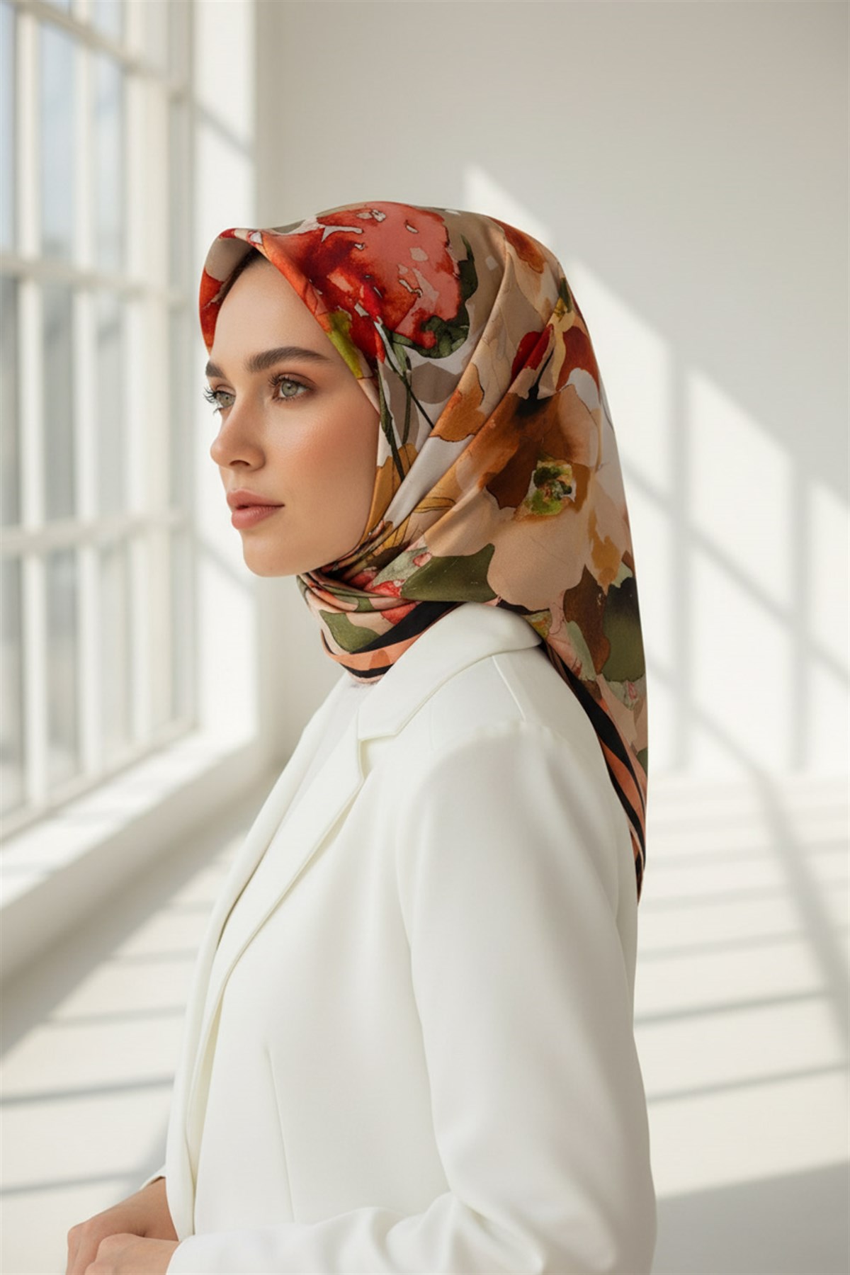% 57 İPEK % 43 VİSKON Twill İpek Sulu Boyalı Çiçek Desenli Kırmızı - Vizon Renkli 90x90 Eşarp Dikim Şekli : El Dikişi