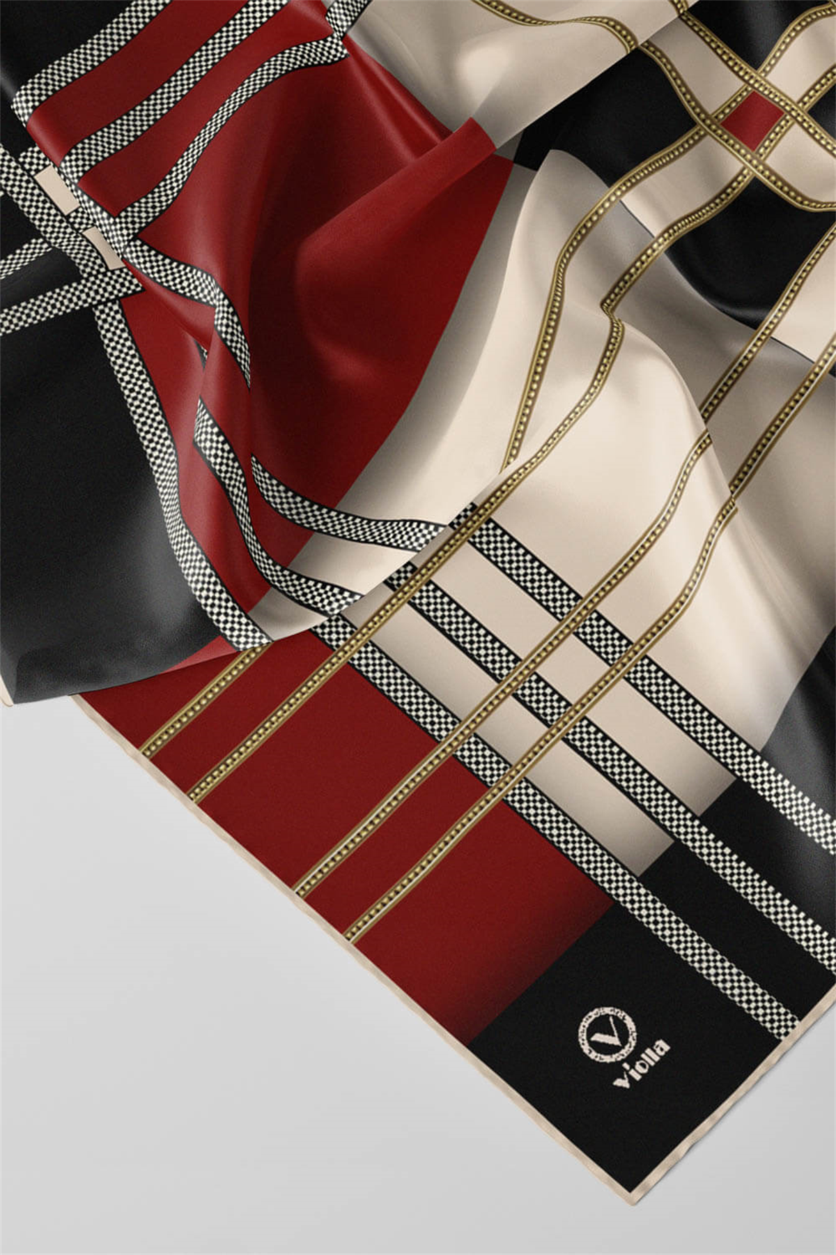 Twill Geometrik Desenli Siyah - Bordo Renkli 90x90 Eşarp (İpek İçermez) Kenar Dikiş Şekli El Dikişli