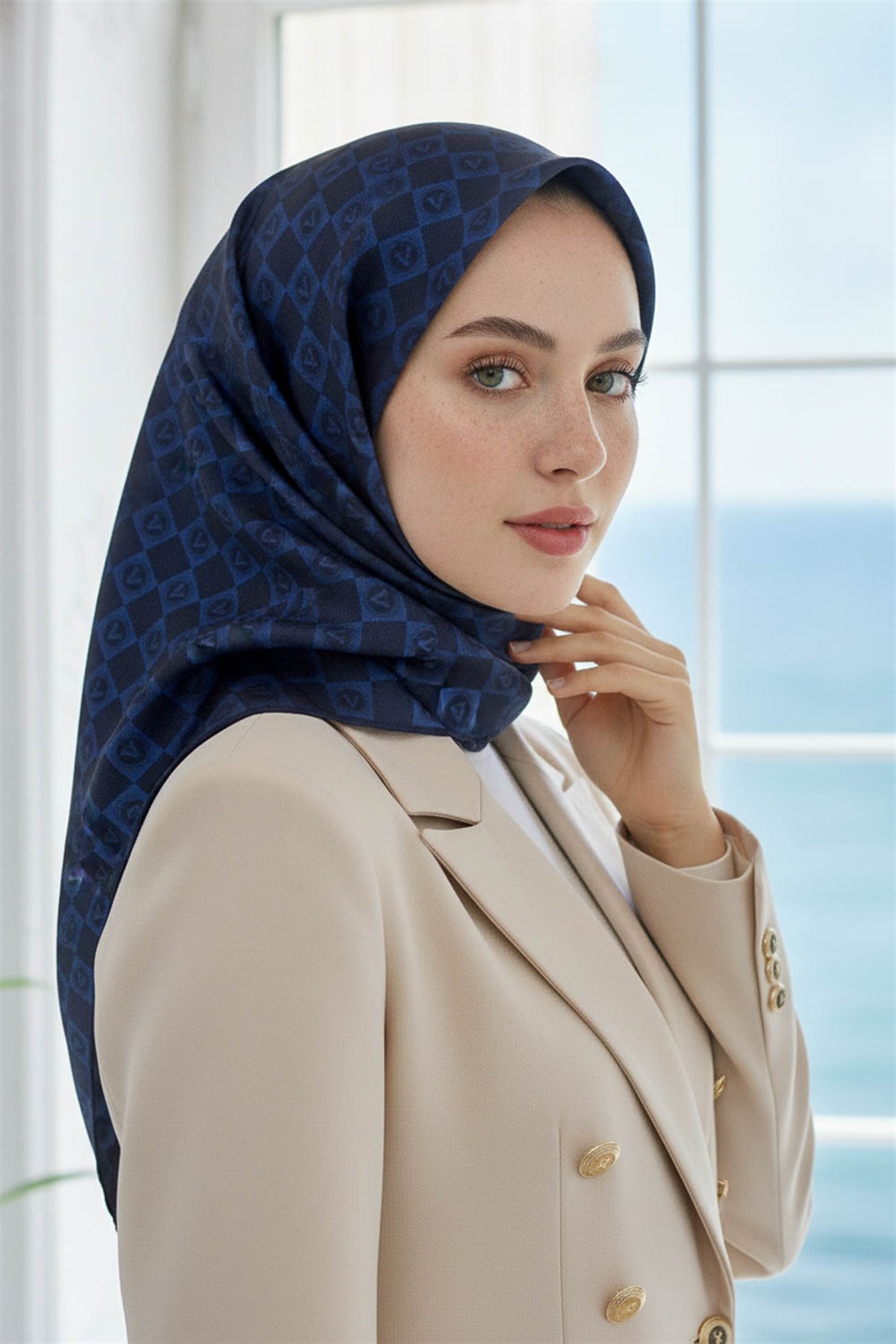 %57 İPEK % 43 VİSKON Twill İpek Monogram Desenli Lacivert Renkli 90x90 Eşarp Dikim Şekli : El Dikişi