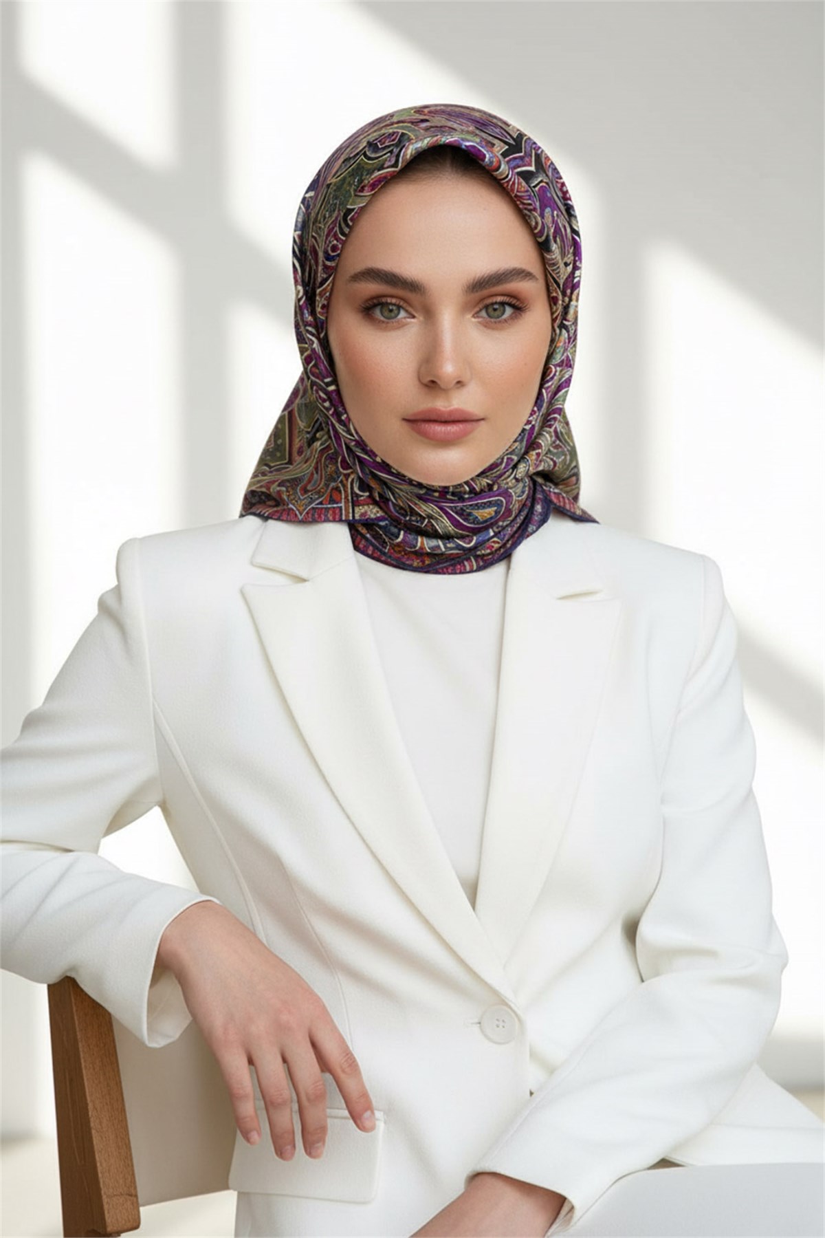 100% Twill İpek Etnik Desenli Lacivert - Haki Renkli 90x90 Dikim Şekli : El Dikişi Eşarp