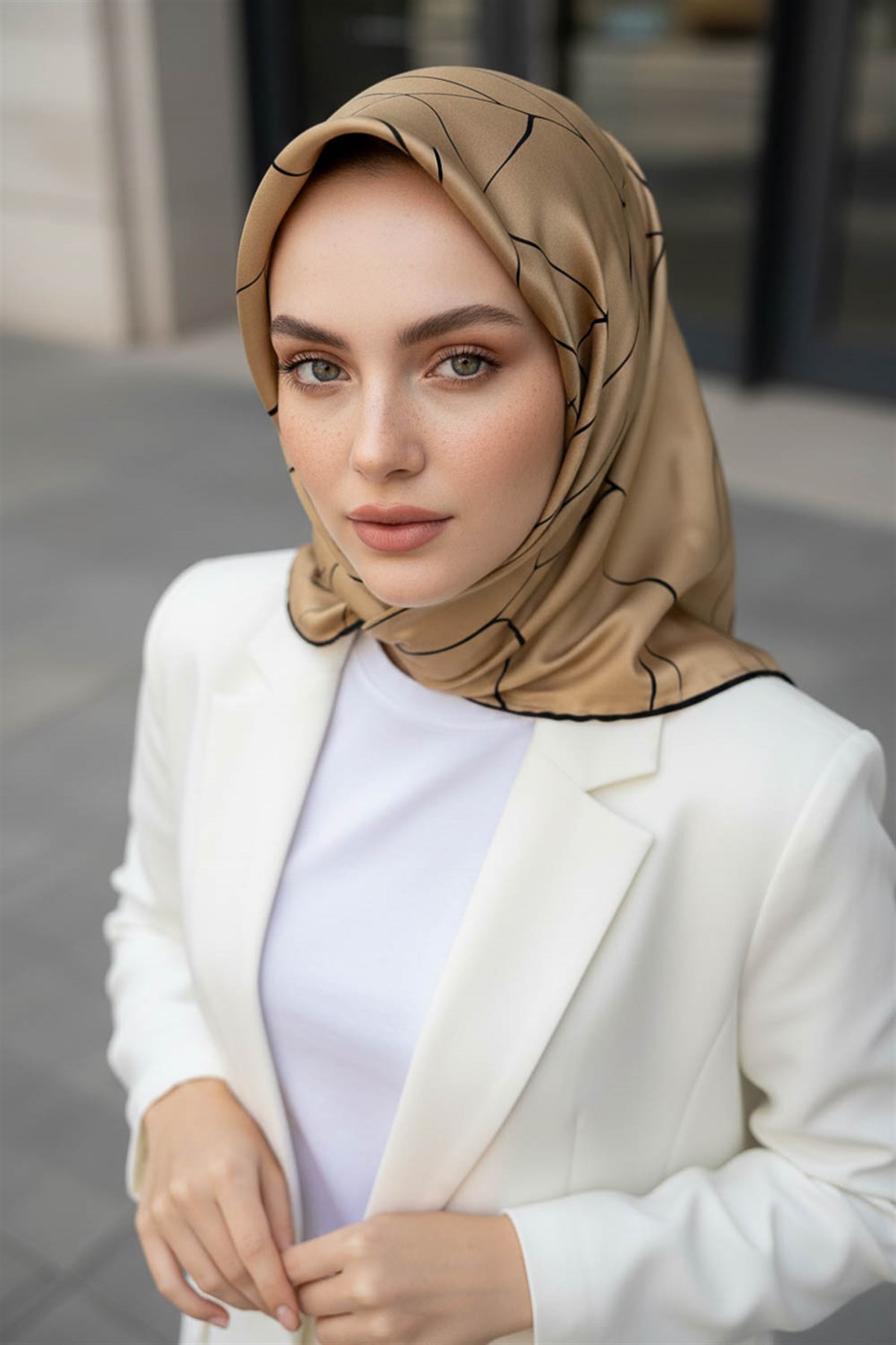%100 Twill İpek Çizgi Desenli Bej - Siyah Renkli 90x90 Eşarp Dikim Şekli : El Dikişi