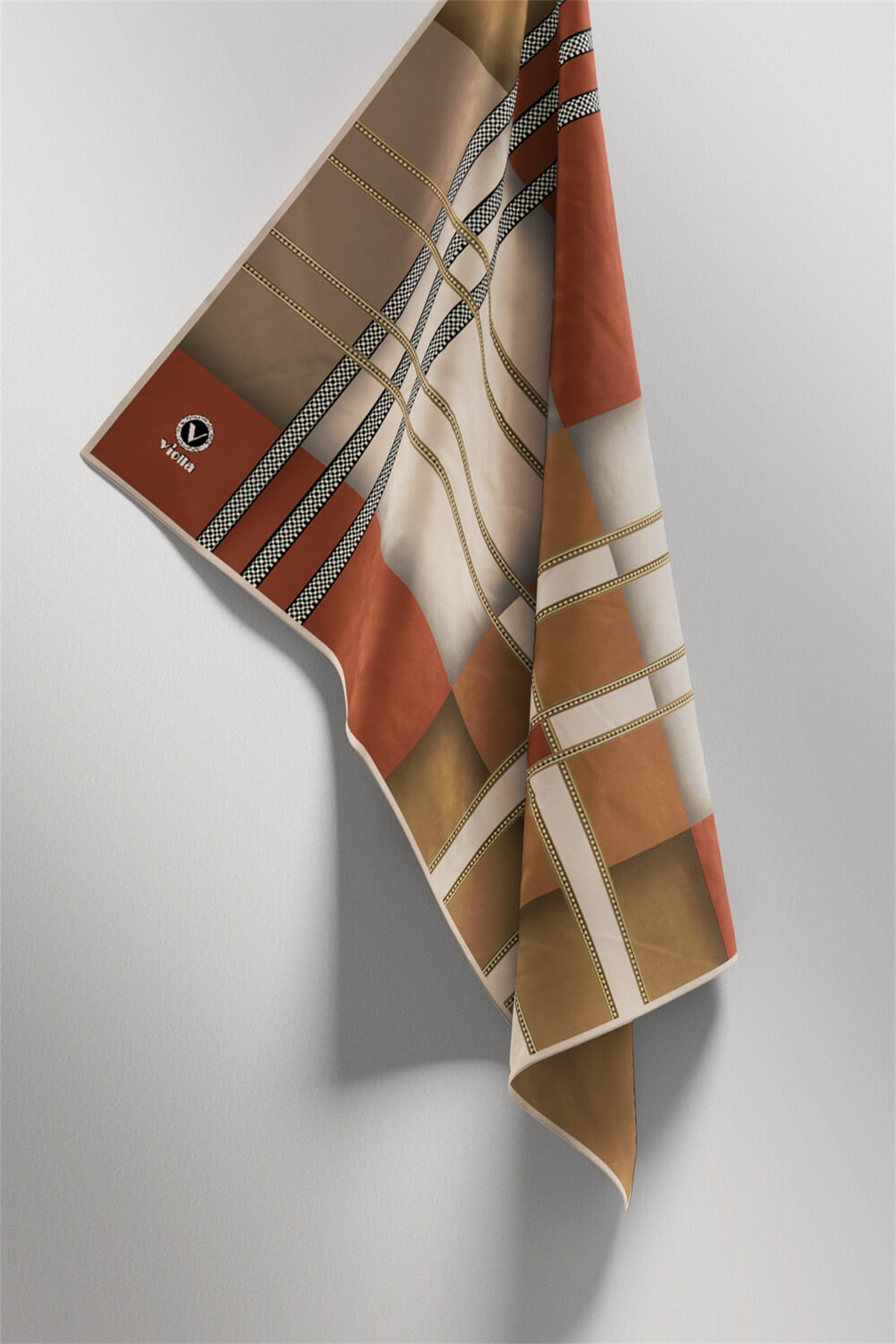Twill Geometrik Desenli Taba - Hardal Renkli 90x90 Eşarp (İpek İçermez) Kenar Dikiş Şekli El Dikişli