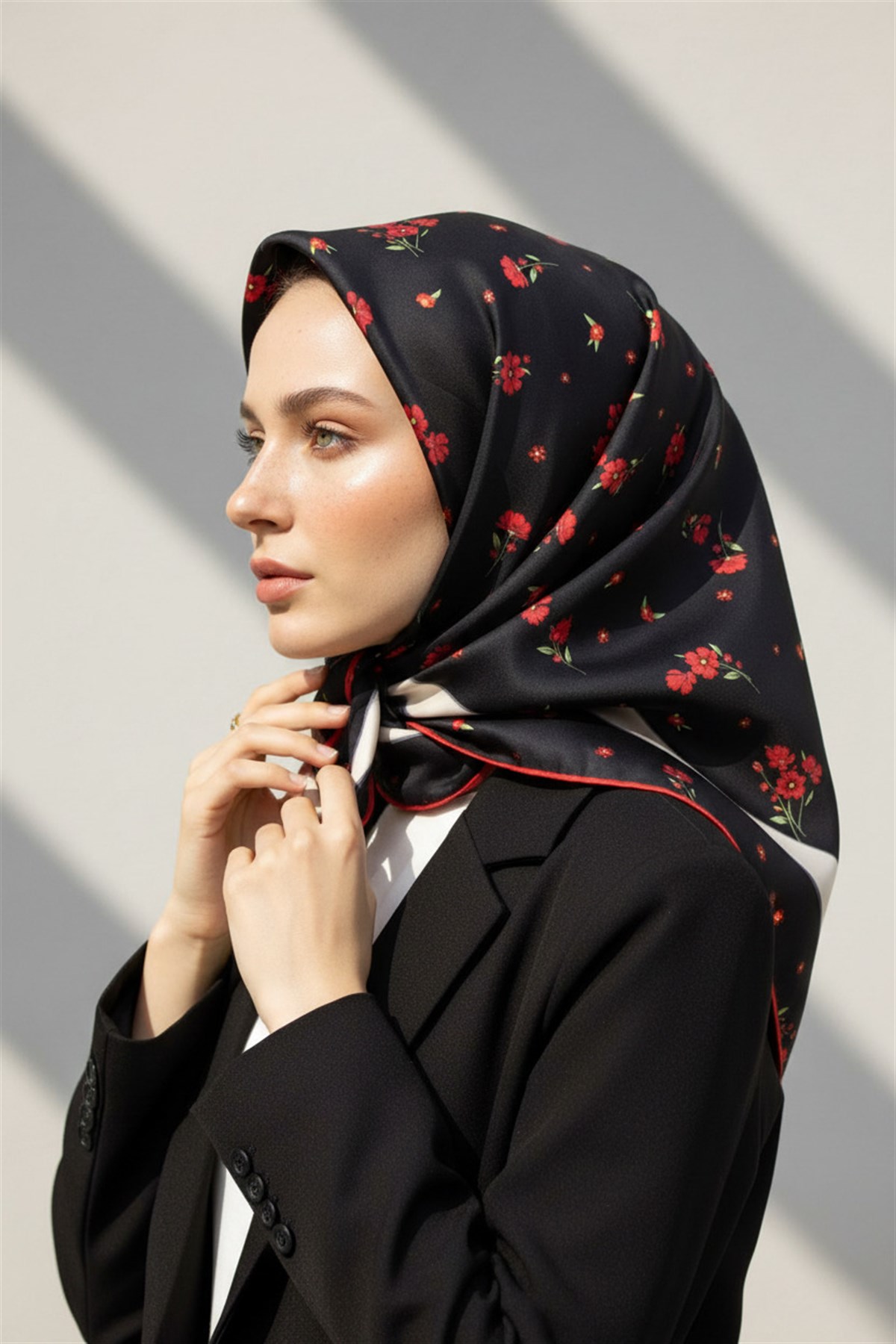 100% Twill İpek Bordürlü Çıtır Çiçek Desenli Siyah - Kırmızı Renkli 90x90 Dikim Şekli : El Dikişi Eşarp