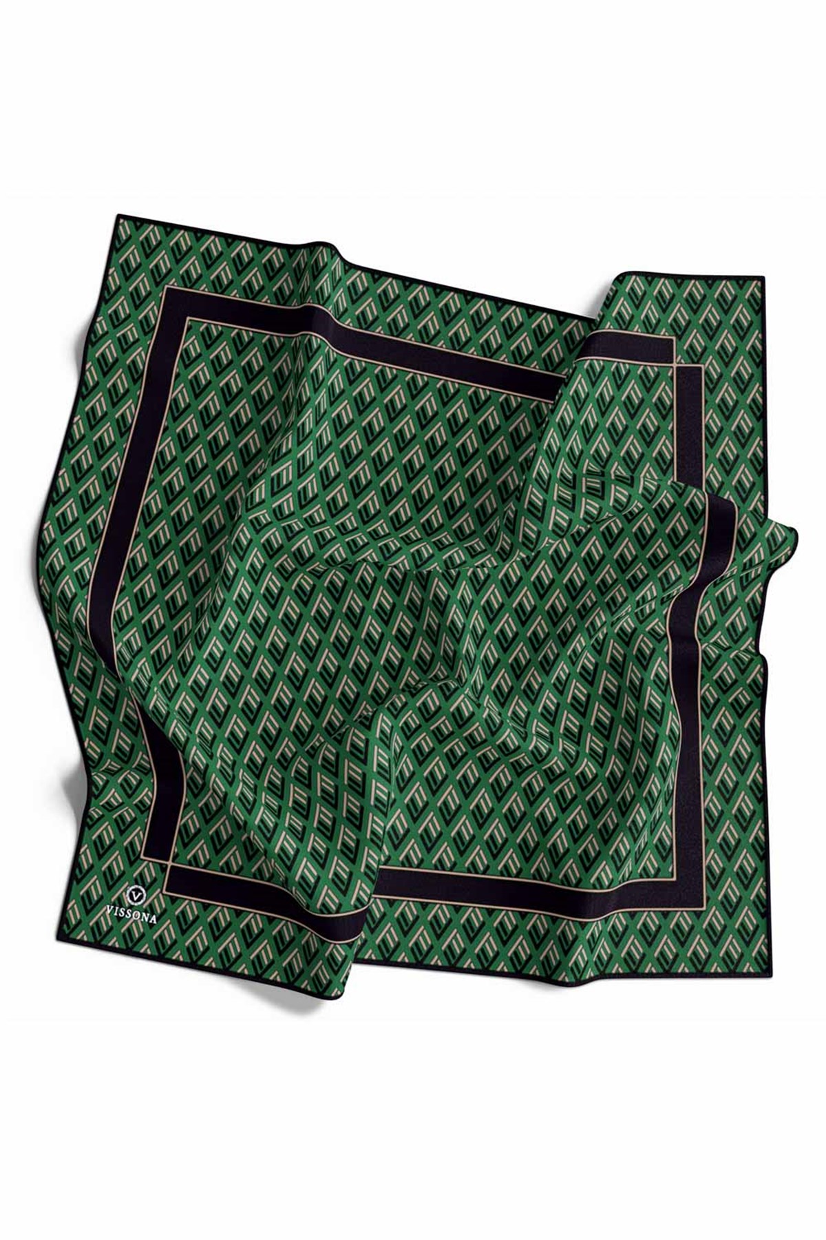 % 57 İPEK % 43 VİSKON Twill İpek Geometrik Desenli Zümrüt Yeşili - Siyah Renkli 90x90 Eşarp Dikim Şekli : El Dikişi