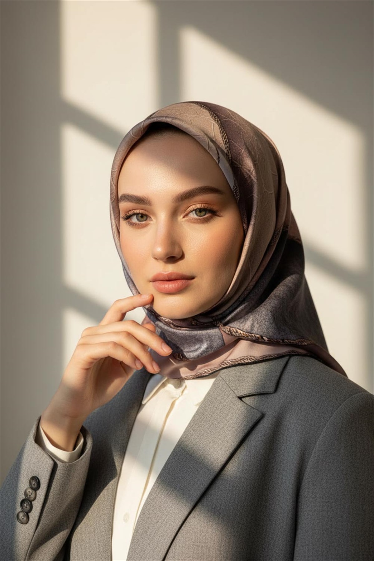 % 57 İPEK % 43 VİSKON Twill İpek Dokulu Geometrik Desenli Pudra - Gri Renkli 90x90 Eşarp Dikim Şekli : El Dikişi