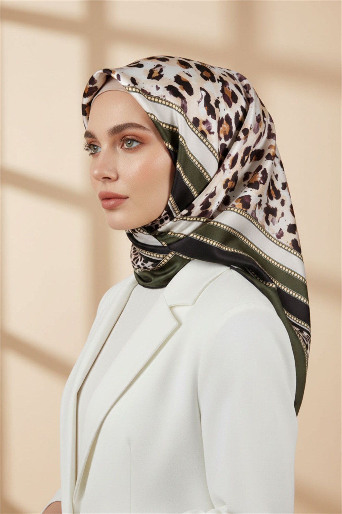Twill Kemerli ve Leopar Desenli Zümrüt Yeşili Renkli 90x90 Eşarp (İpek İçermez) Dikim Şekli : El Dikişi