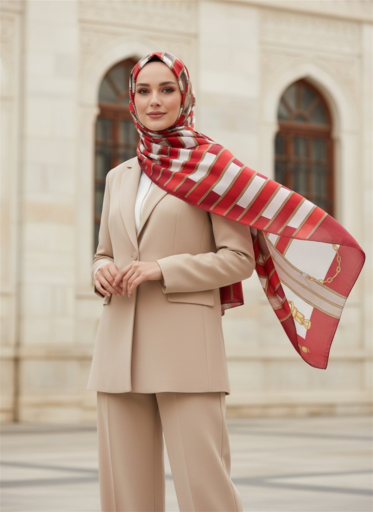100% İPEK KEMER DESENLİ KIRMIZI - VİZON RENKLİ ŞAL