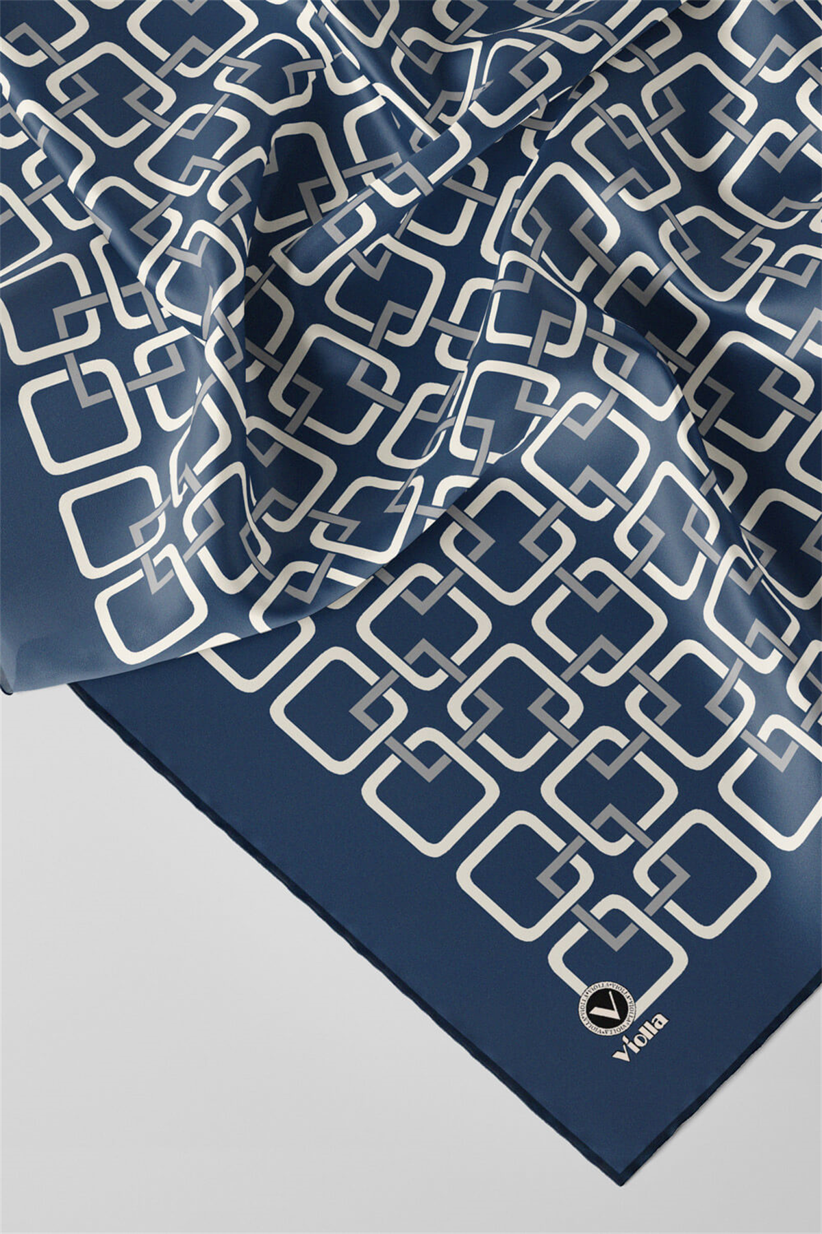 Twill Geometrik Desenli İndigo Renkli 90x90 Eşarp (İpek İçermez) Kenar Dikiş Şekli El Dikişli