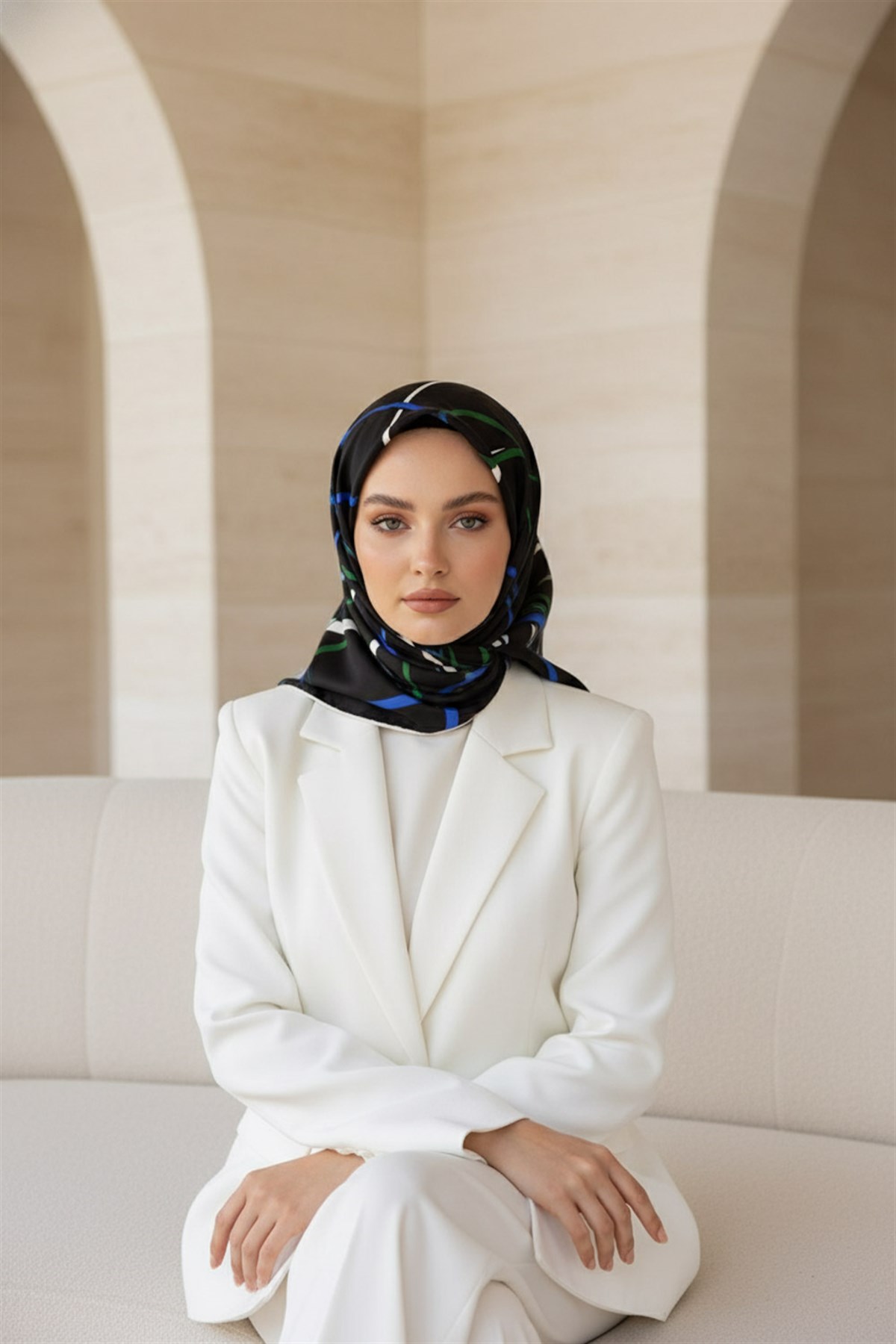%100 Twill İpek Çizgili Desenli Saks - Zümrüt Yeşili Renkli 90x90 Eşarp Dikim Şekli : El Dikişi