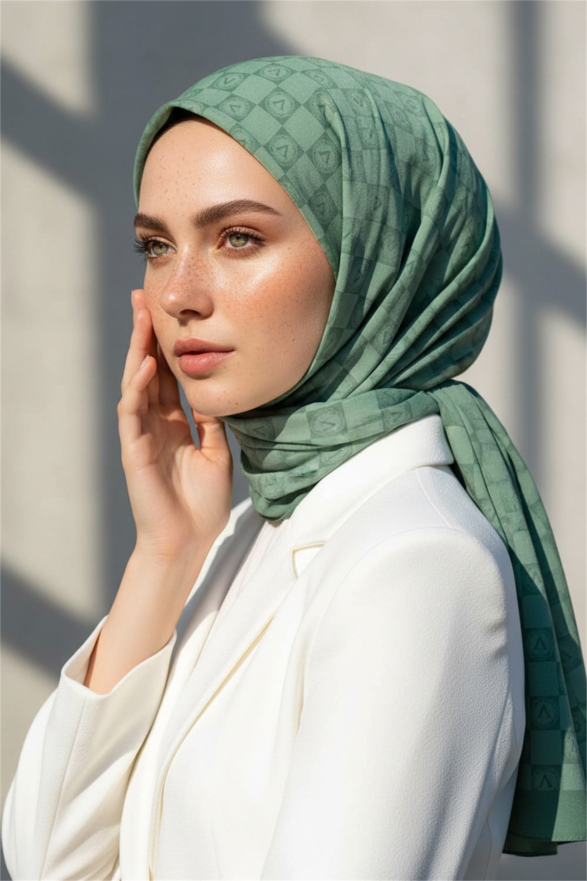 KREP MONOGRAM DESENLİ KÜF YEŞİLİ RENKLİ 75X195 KIRIŞMAZ ŞAL