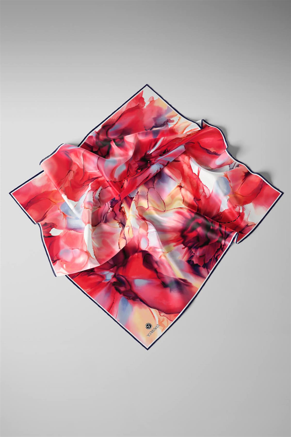 %100 Twill İpek Batik Çiçek Desenli Kırmızı - Lacivert Renkli 90x90 Eşarp Kenar Dikiş Şekli El Dikişli