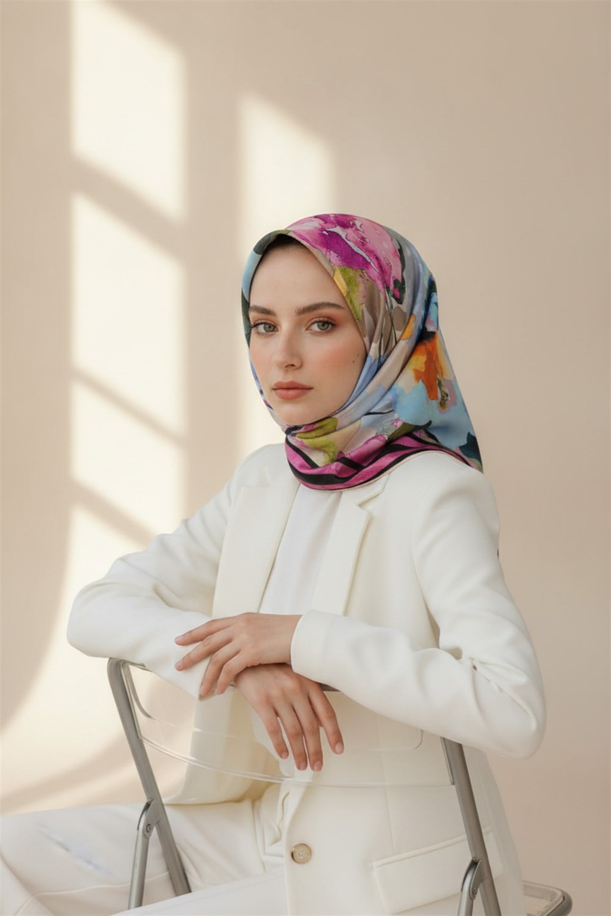 % 57 İPEK % 43 VİSKON Twill İpek Sulu Boyalı Çiçek Desenli Pembe - Bebe Mavisi Renkli 90x90 Eşarp Dikim Şekli : El Dikişi