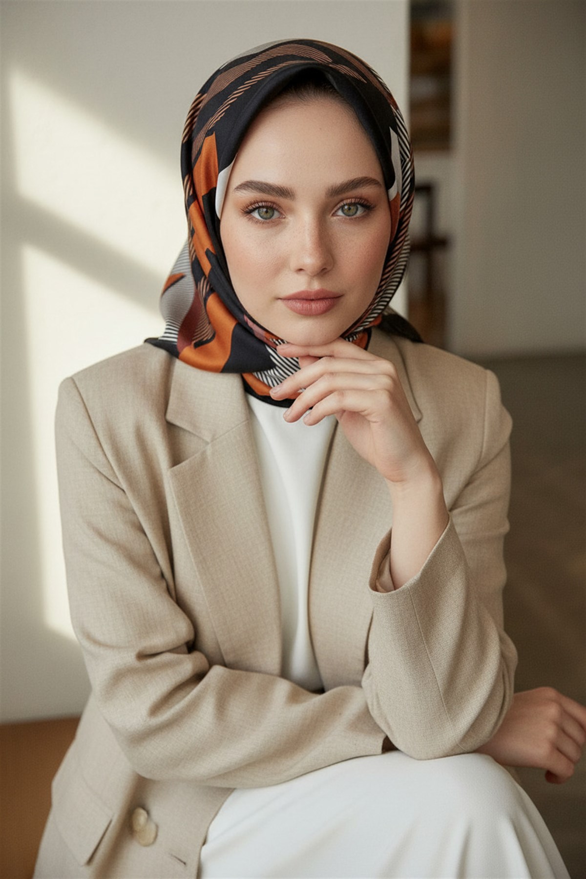 % 57 İPEK % 43 VİSKON Twill İpek Geometrik Desenli Taba - Siyah Renkli 90x90 Eşarp Dikim Şekli : El Dikişi