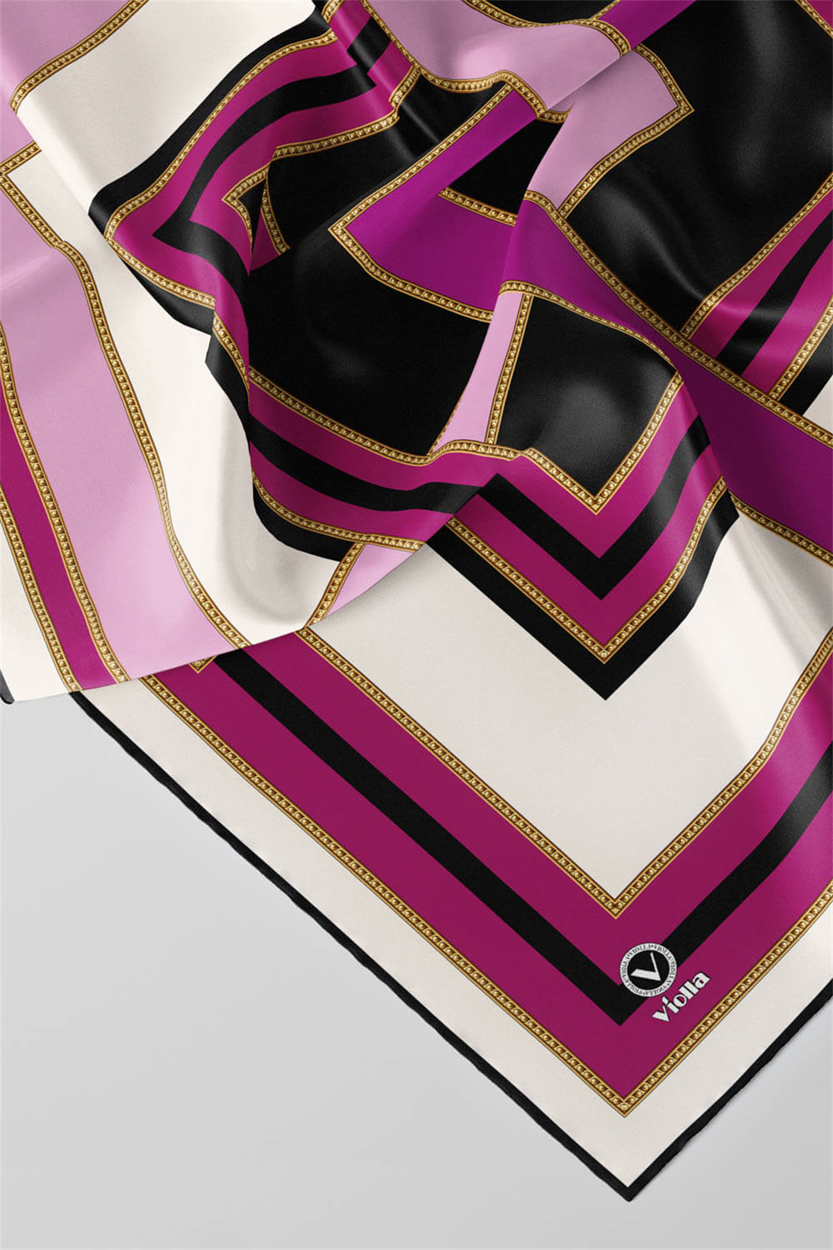 Twill Çerçeve Desenli Mürdüm - Siyah Renkli 90x90 Eşarp (İpek İçermez) Kenar Dikiş Şekli El Dikişli