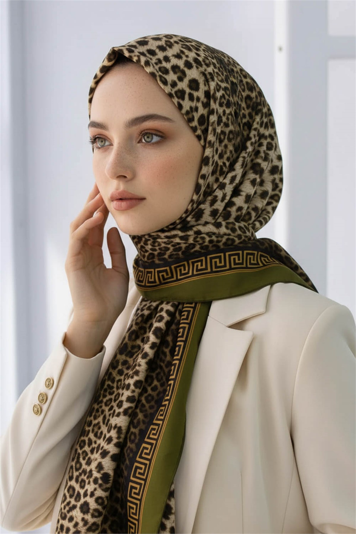 KREP BAROK BARDÜRLÜ LEOPAR DESENLİ BEJ - HAKİ RENKLİ 75X195 KIRIŞMAZ ŞAL
