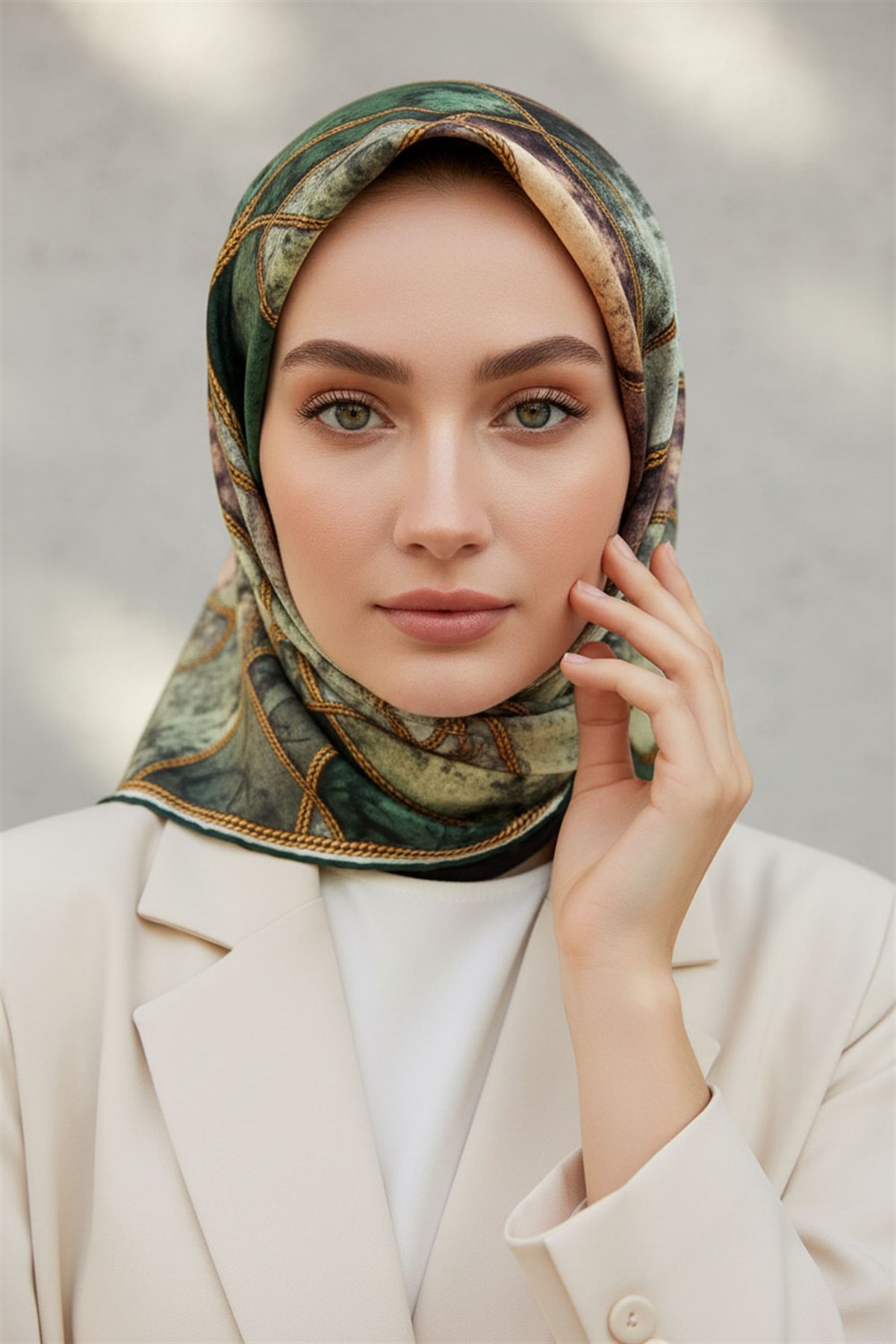 % 57 İPEK % 43 VİSKON Twill İpek Zincirli Mermer Desenli Zümrüt Yeşili - Haki Renkli 90x90 Eşarp Dikim Şekli : El Dikişi