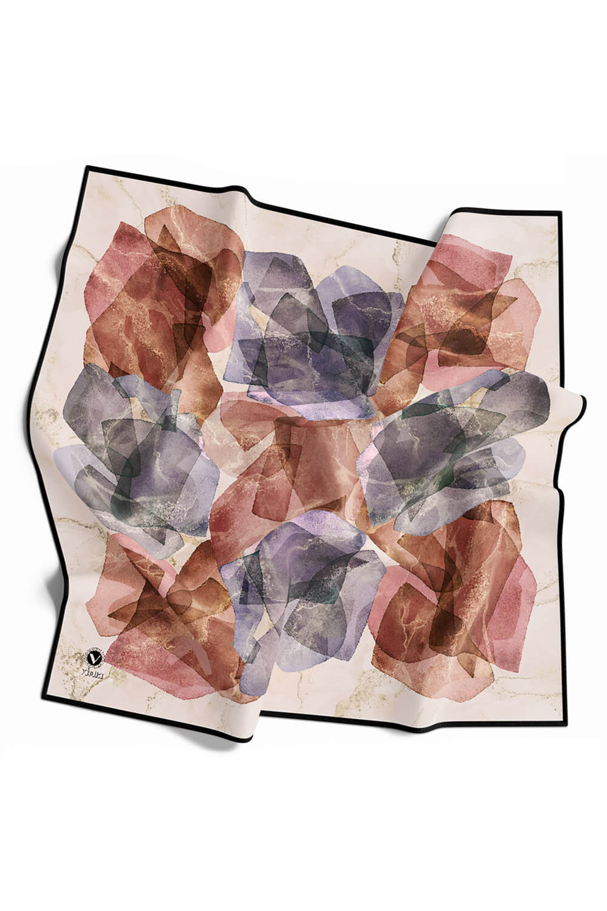 Twill Mermer Efektli Geometrik Desenli Pudra - Bebe Mavisi Renkli 90x90 Eşarp (İpek İçermez) Dikim Şekli : El Dikişi