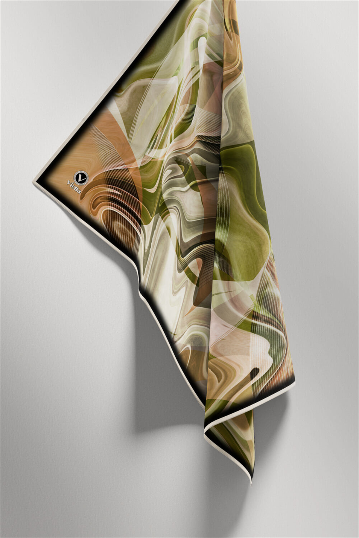 Twill Soyut Dalga Desenli Haki Renkli 90x90 Eşarp (İpek İçermez) Dikim Şekli : El Dikişi