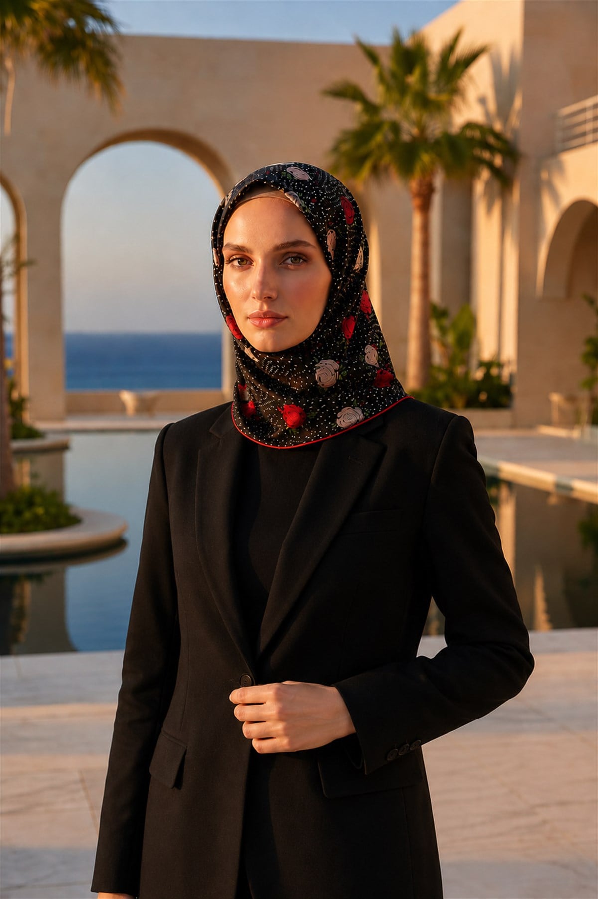 %100 Twill İpek Çıtır Çiçek Desenli Kırmızı - Bordo Renkli 90x90 Eşarp Dikim Şekli : El Dikişi