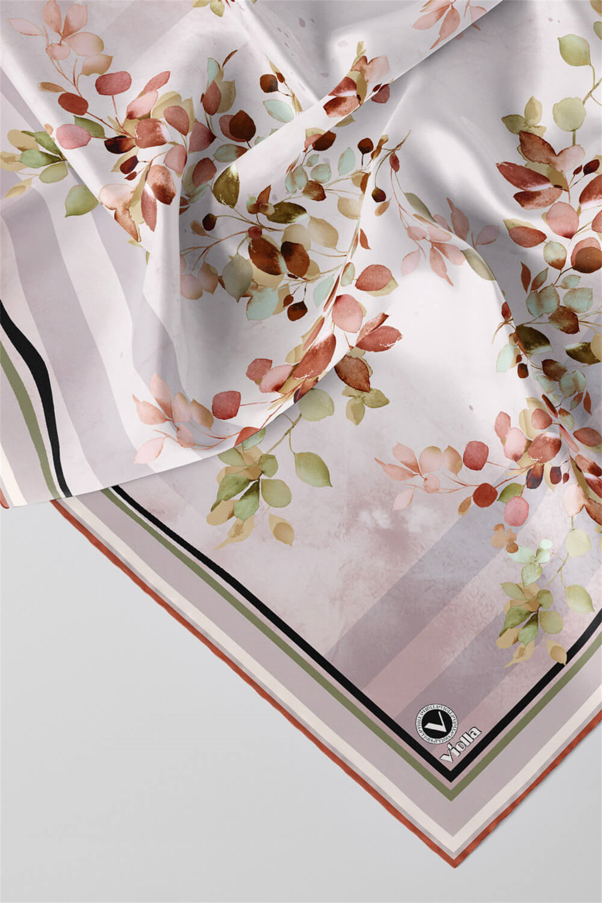 Twill Çiçek Desenli Taba Renkli 90x90 Eşarp (İpek İçermez) Kenar Dikiş Şekli El Dikişli