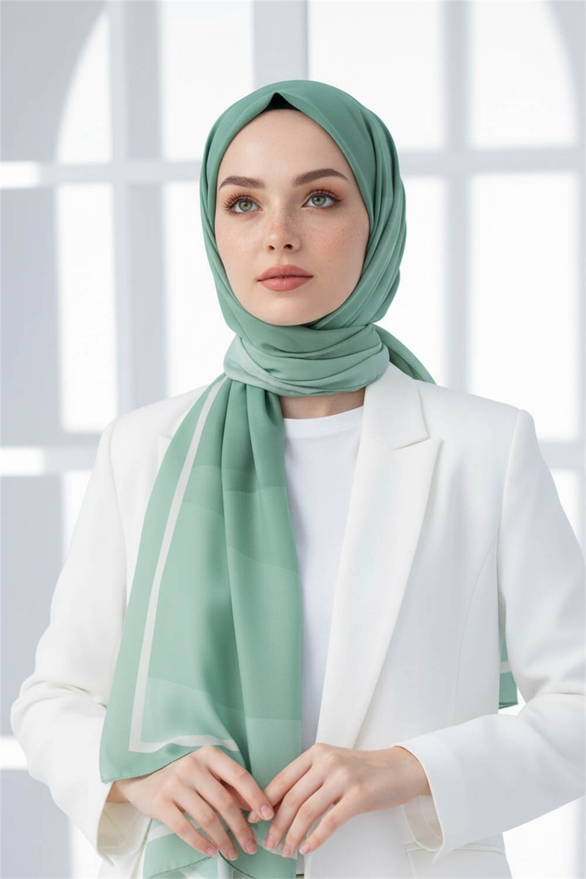 KREP GEOMETRİ DESENLİ MİNT YEŞİLİ RENKLİ 75X195 KIRIŞMAZ ŞAL