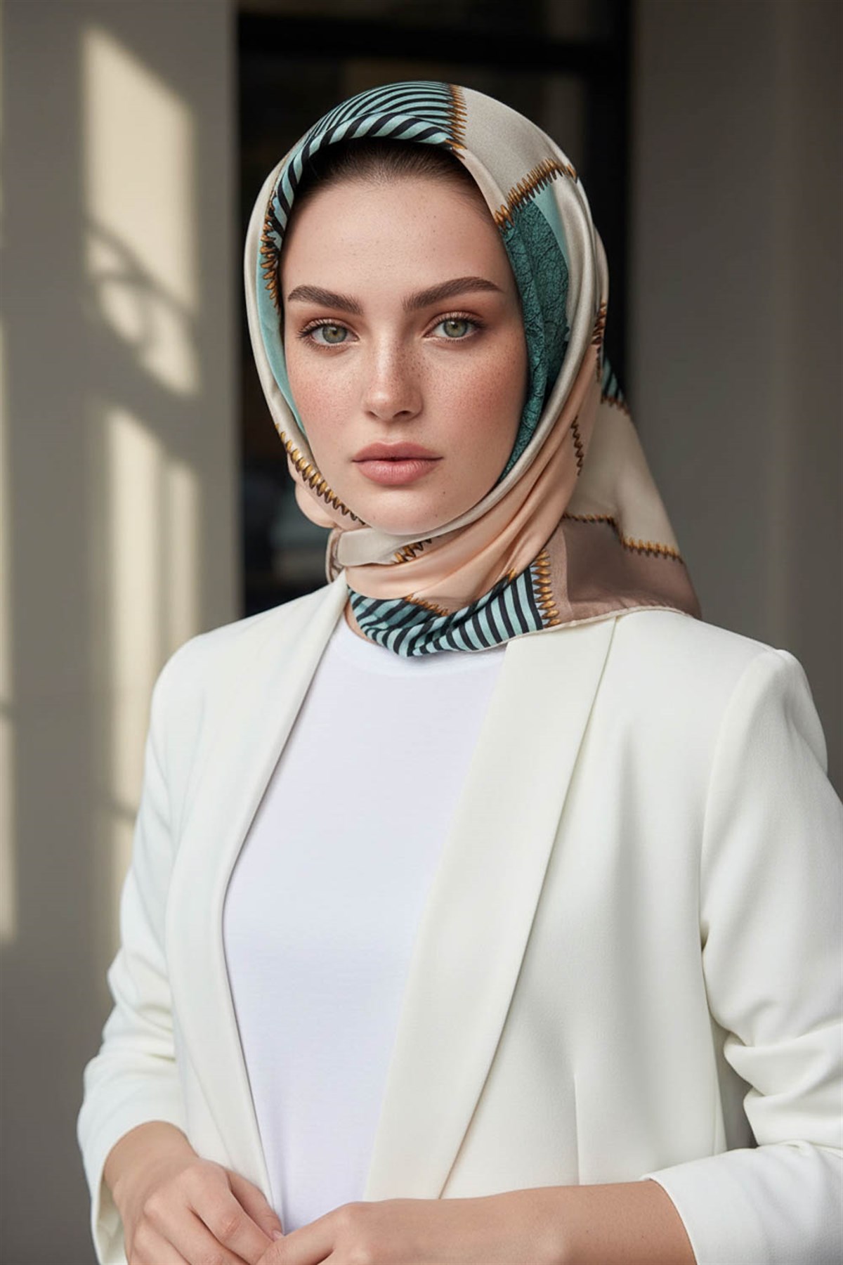 %100 Twill İpek Geometrik Desenli Zümrüt Yeşili - Somon Renkli 90x90 Eşarp Dikim Şekli : El Dikişi