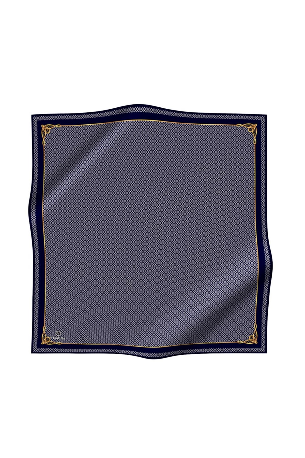 %100 Twill İpek Minik Motif Desenli Lacivert - Lacivert Renkli 90x90 Eşarp Dikim Şekli : El Dikişi