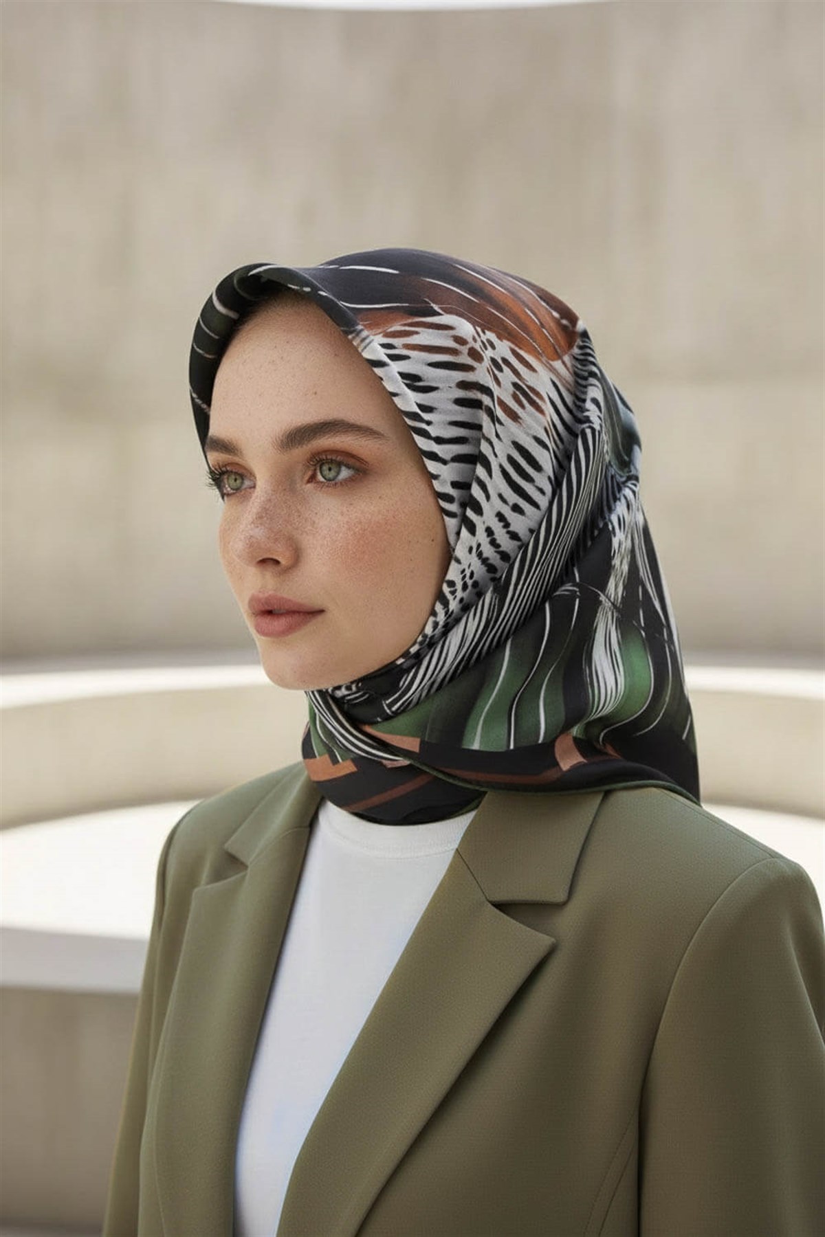 %100 Twill İpek Geometrik Desenli Siyah - Haki Renkli 90x90 Eşarp Dikim Şekli : El Dikişi