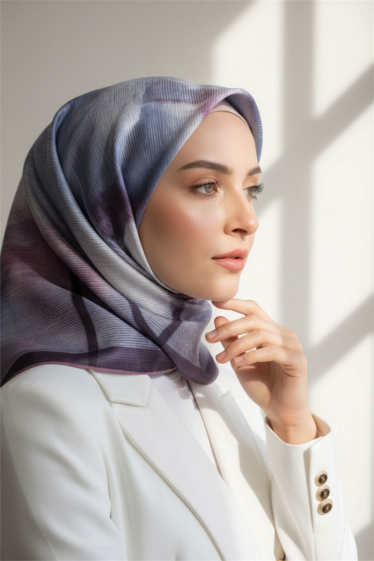 %100 Twill İpek Yaprak Desenli Pudra - Bebe Mavisi Renkli 90x90 Eşarp Dikim Şekli : El Dikişi