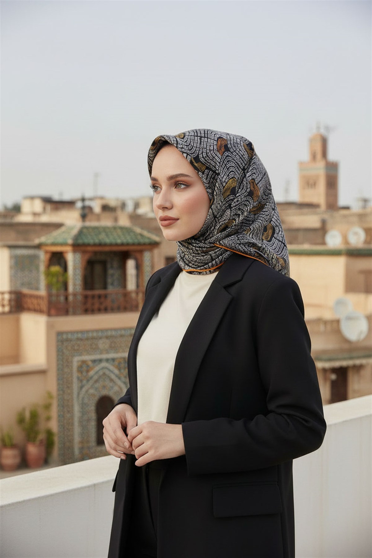 %100 Twill İpek Geometrik Desenli Taba - Hardal Renkli 90x90 Eşarp Dikim Şekli : El Dikişi