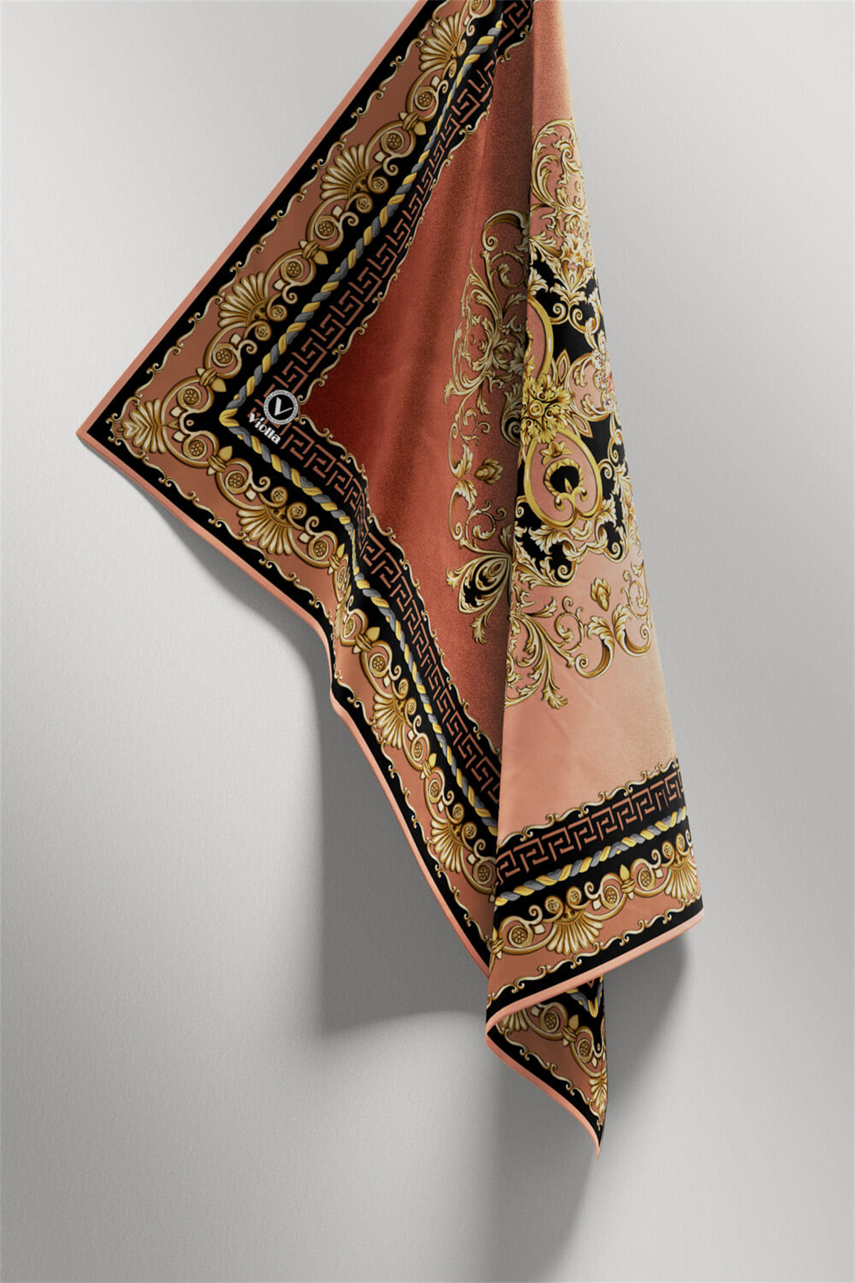 Twill Barok Desenli Taba Renkli 90x90 Eşarp (İpek İçermez) Dikim Şekli : El Dikişi