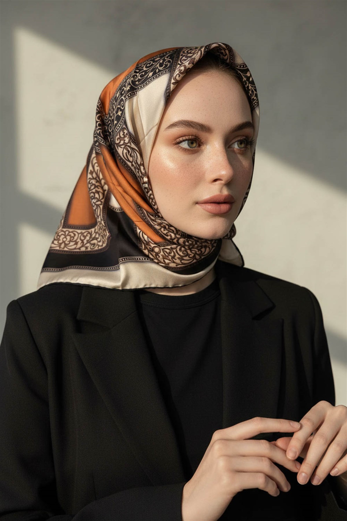 %100 Twill İpek Geometrik Desenli Siyah - Taba Renkli 90x90 Eşarp Dikim Şekli : El Dikişi