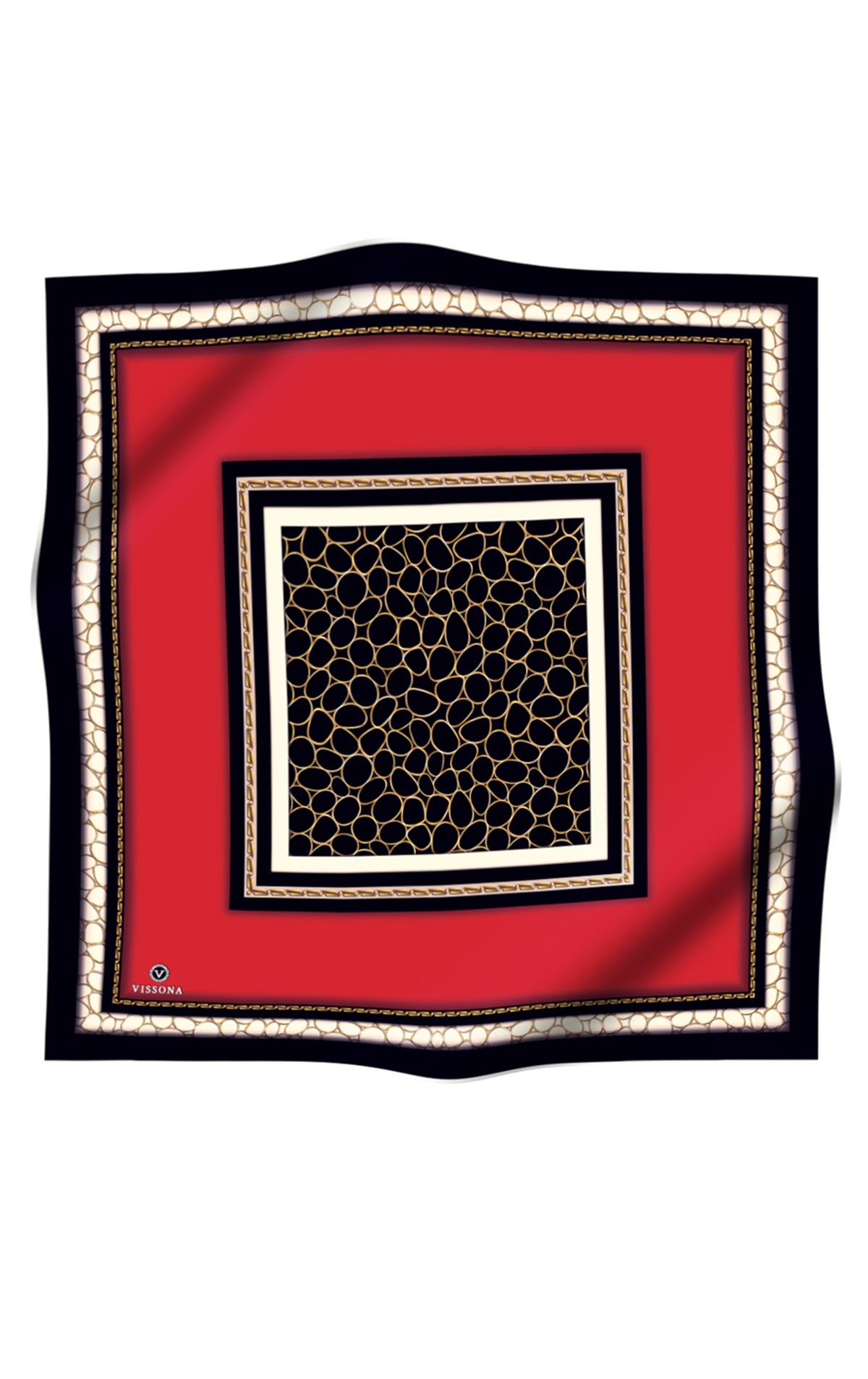 %100 Twill İpek Gold Halka Desenli Kırmızı - Siyah Renkli 90x90 Eşarp Dikim Şekli : El Dikişi