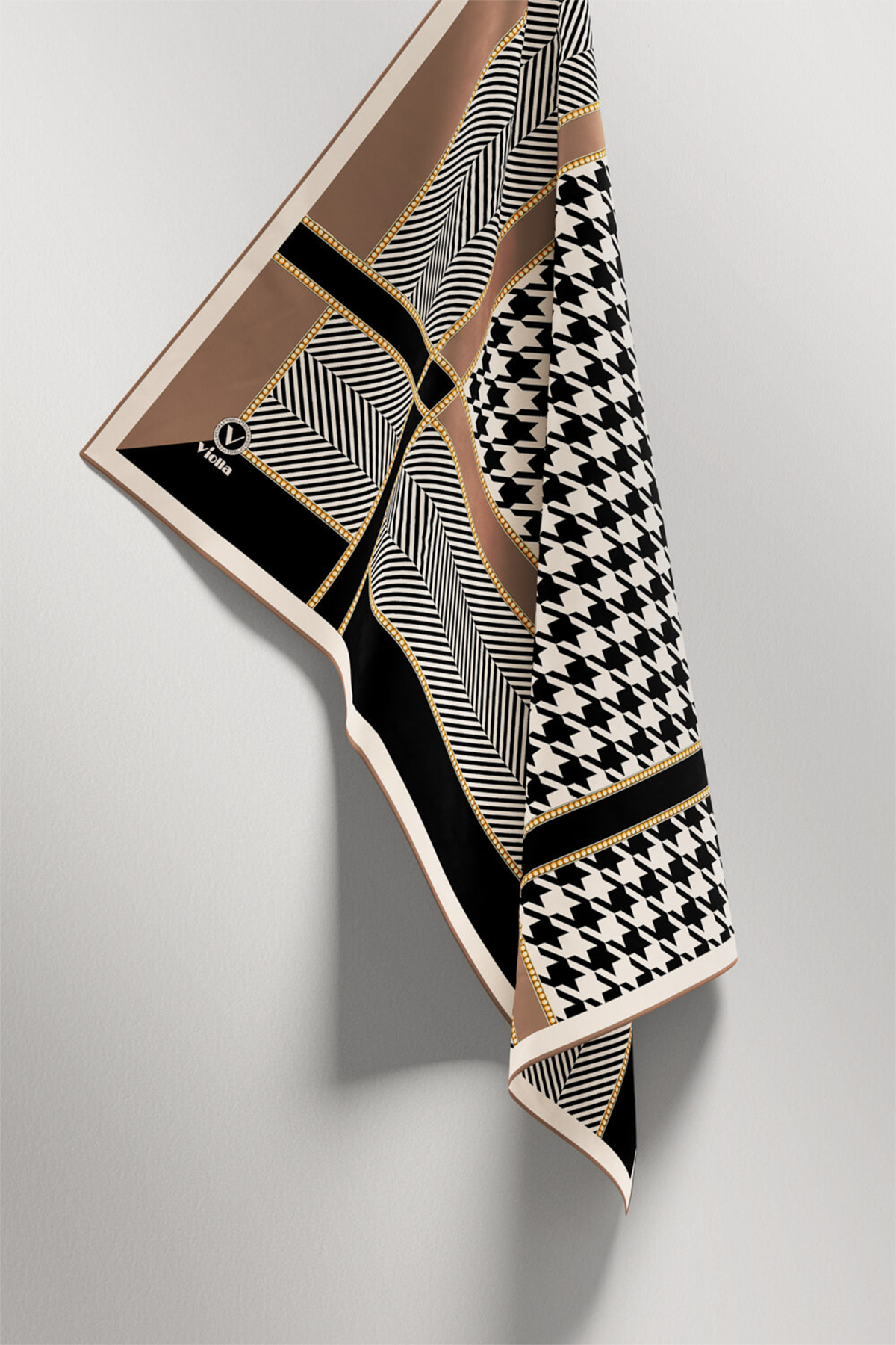 Twill Kazayağı Desenli Bej Renkli 90x90 Eşarp (İpek İçermez) Kenar Dikiş Şekli El Dikişli