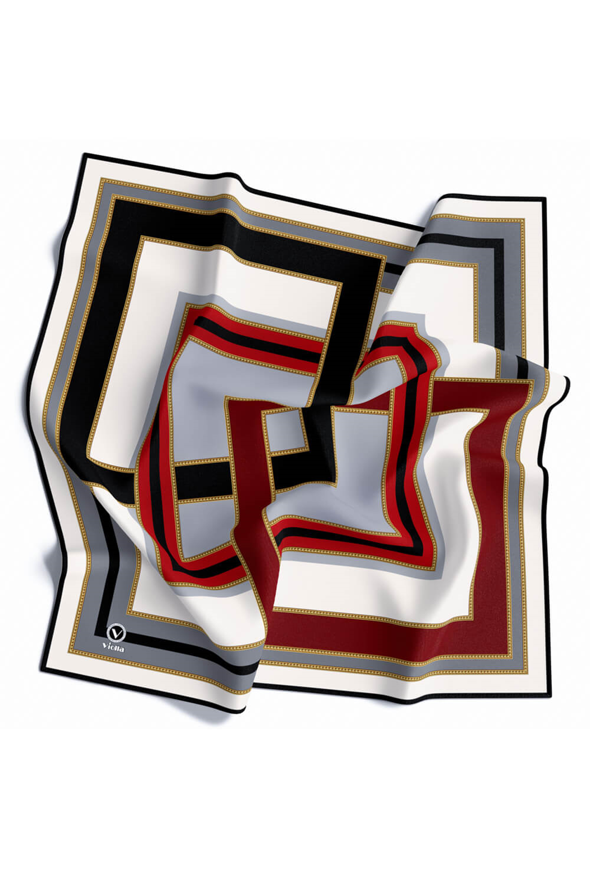 Twill Çerçeve Desenli Gri - Bordo Renkli 90x90 Eşarp (İpek İçermez) Kenar Dikiş Şekli El Dikişli