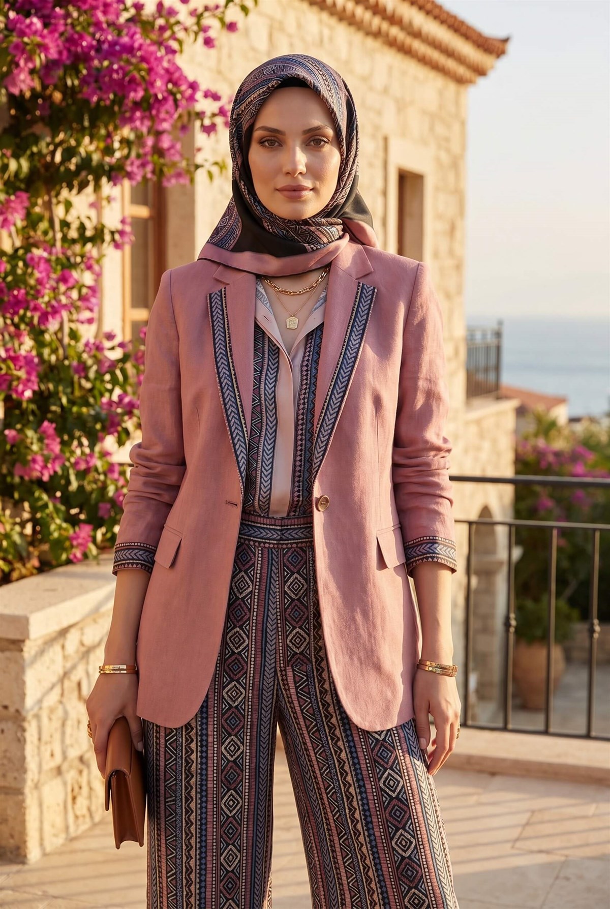 %100 Twill İpek Etnik Desenli Gül Kurusu - Siyah Renkli 90x90 Eşarp Dikim Şekli : El Dikişi