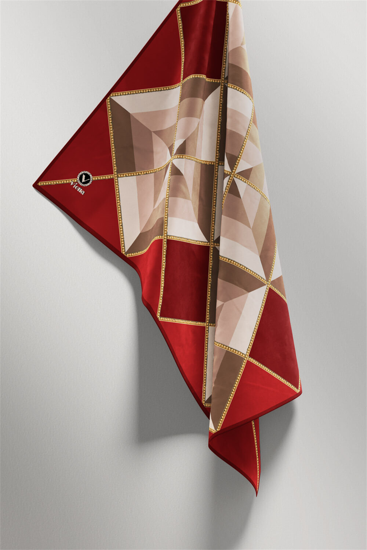 Twill Geometrik Desenli Bordo Renkli 90x90 Eşarp (İpek İçermez) Kenar Dikiş Şekli El Dikişli
