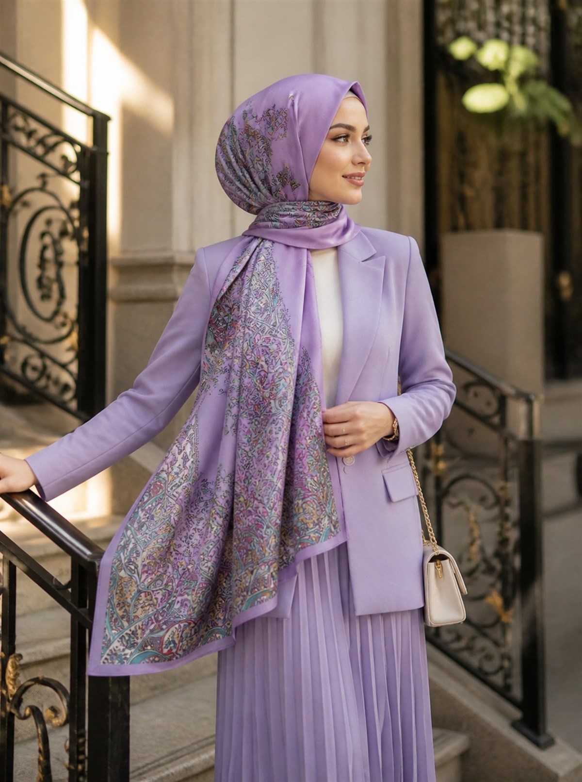 %100 Saf İpek Şal İnce Saten Vual Dokuma Etnik Desenli Pembe - Bej Renkli 90x210 Şal
