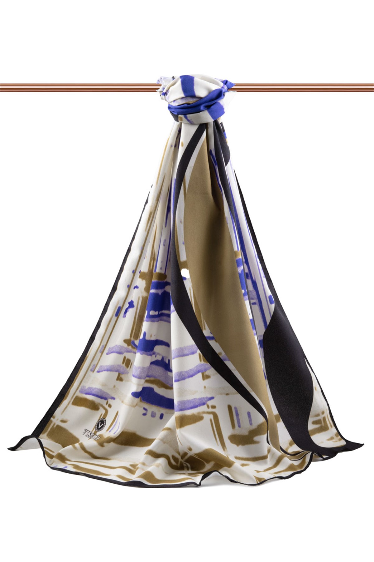 KREP GEOMETRIK DESENLİ SAKS RENKLİ 75X195 KIRIŞMAZ ŞAL