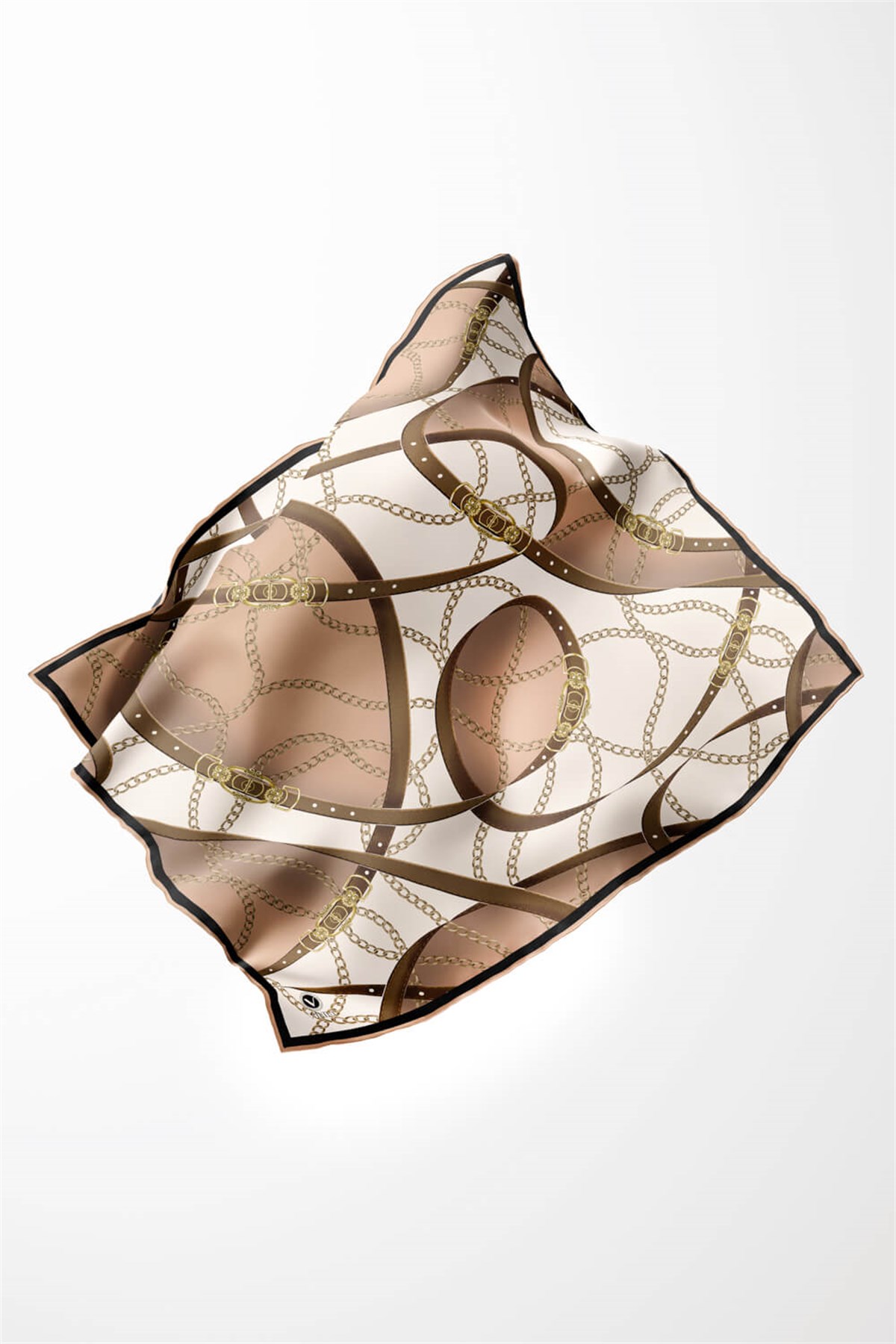 Twill Kemer ve Zincir Desenli Somon Renkli 90x90 Eşarp (İpek İçermez) Kenar Dikiş Şekli El Dikişli