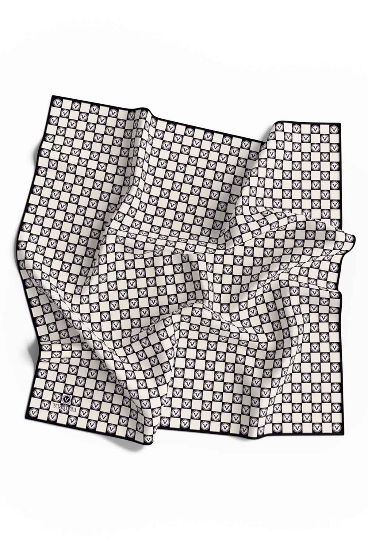 %100 Twill İpek Monogram Desenli Siyah - Krem Renkli 90x90 Eşarp Dikim Şekli : El Dikişi