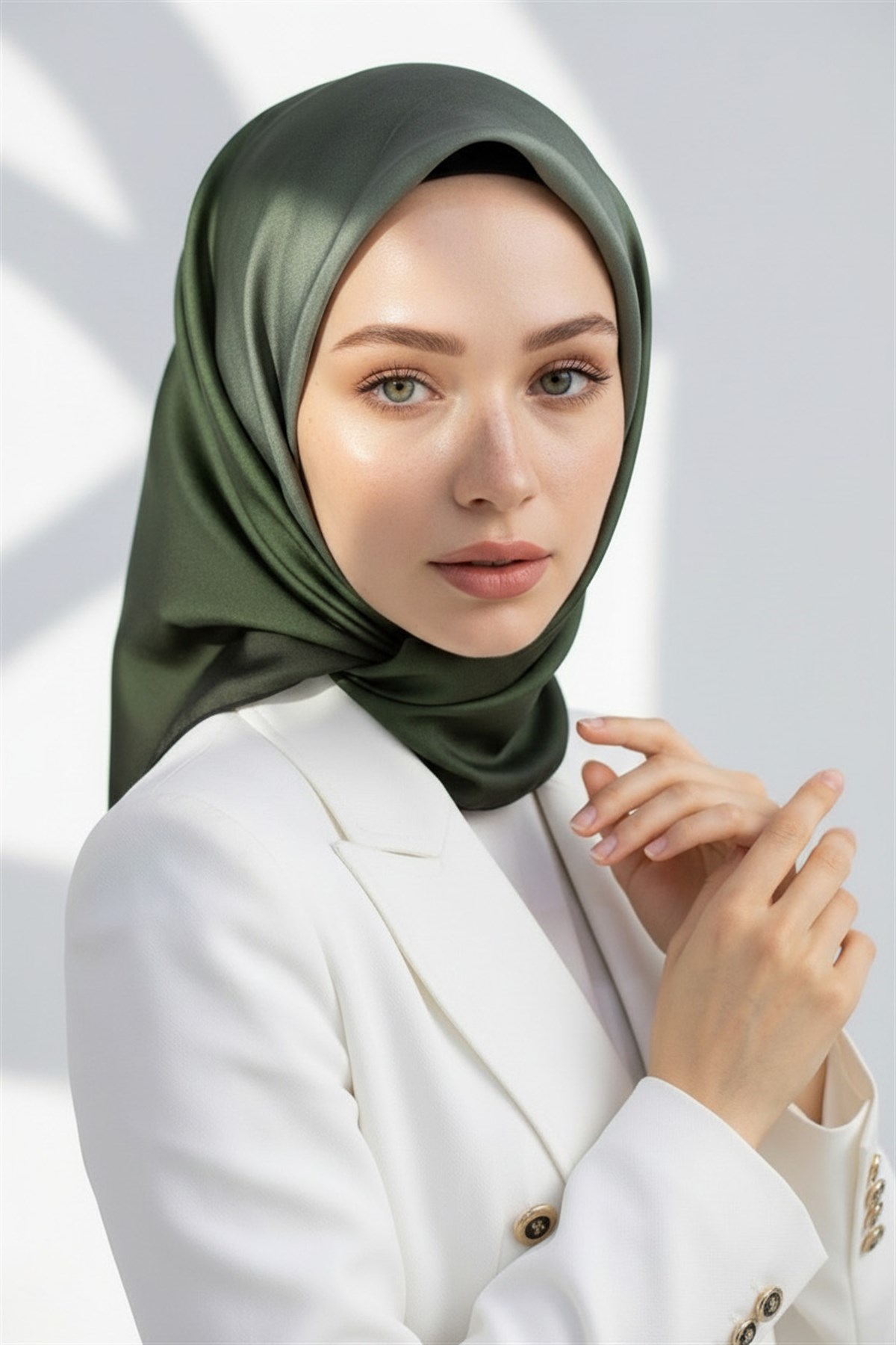 %100 Twill İpek Degrade Desenli Haki Renkli 90x90 Eşarp Dikim Şekli : El Dikişi