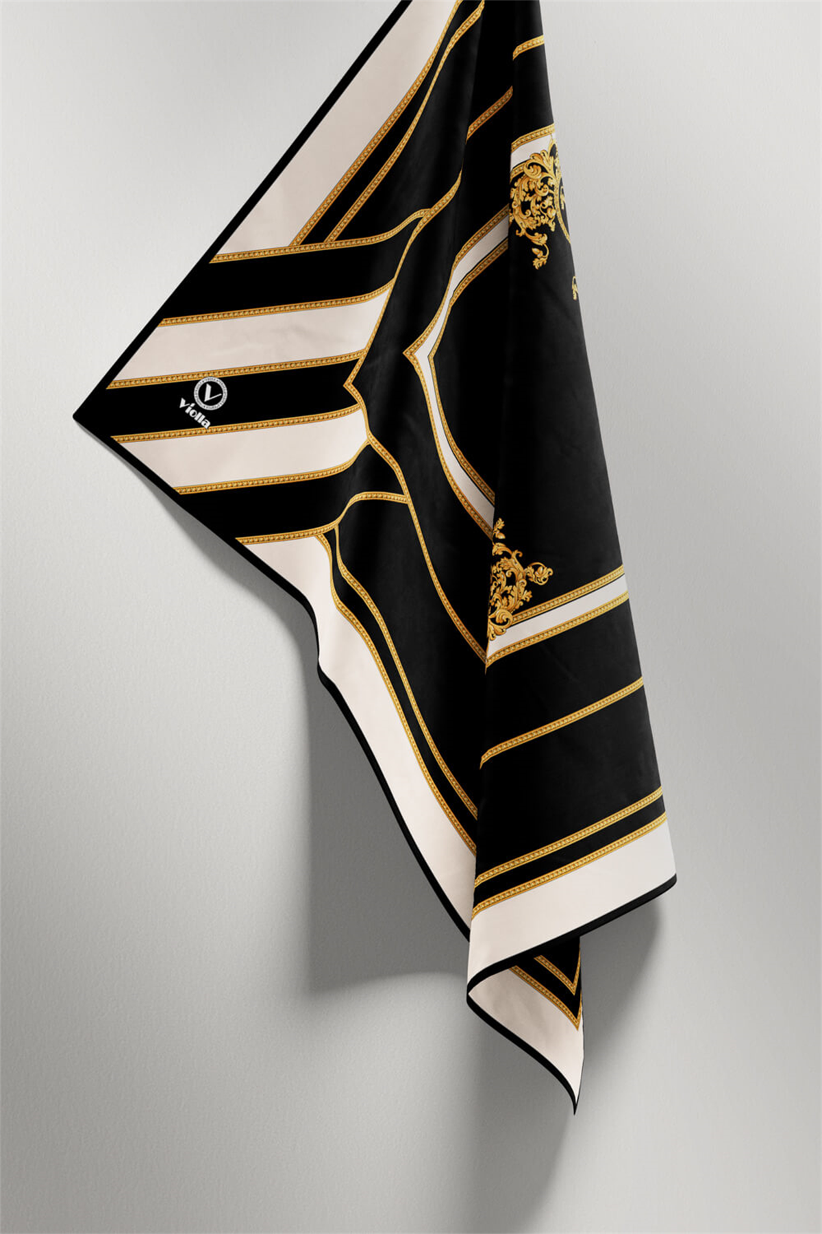 Twill Barok Desenli Siyah - Krem Renkli 90x90 Eşarp (İpek İçermez) Dikim Şekli : El Dikişi