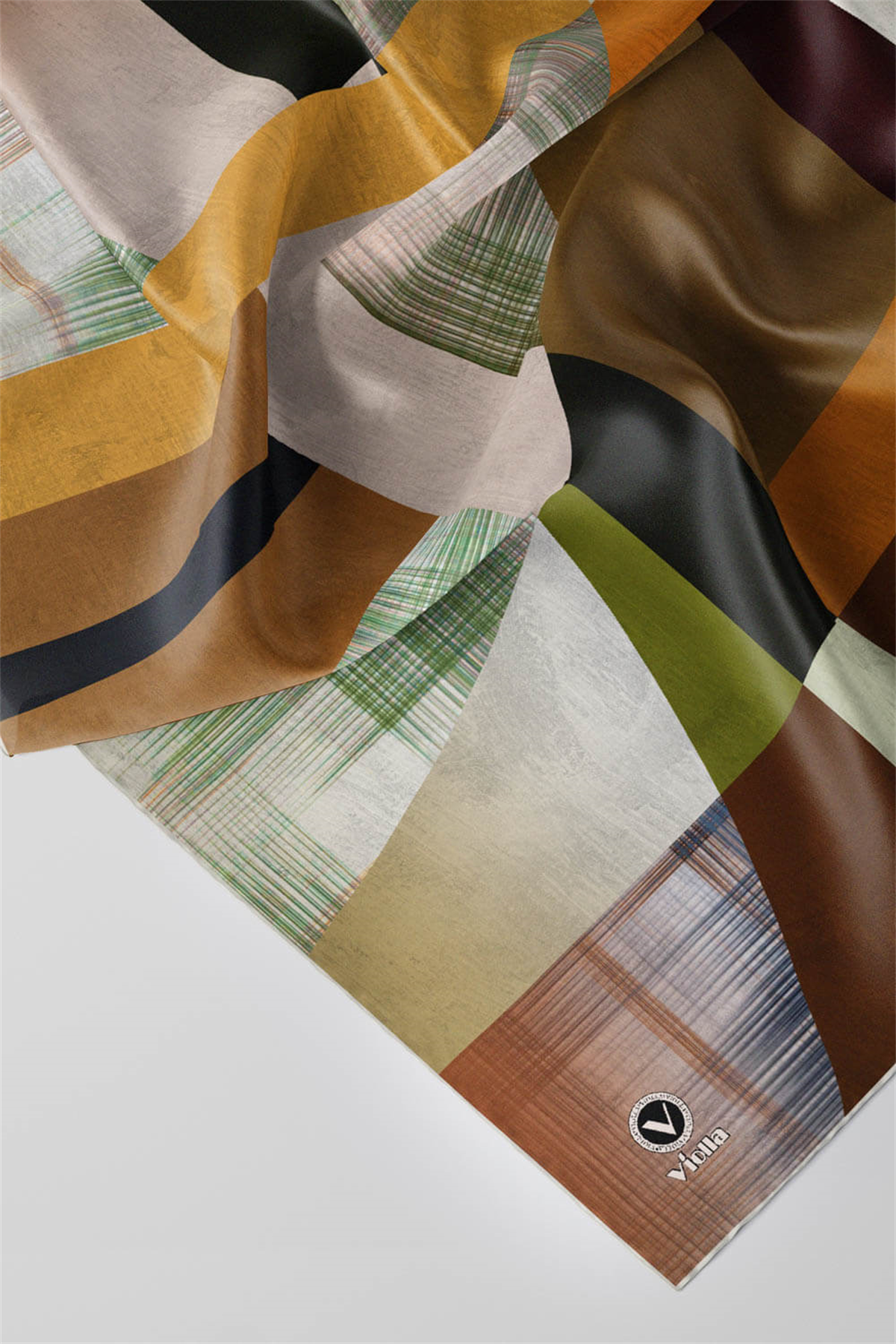 Twill Geometrik Desenli Vizon Renkli 90x90 Eşarp (İpek İçermez) Kenar Dikiş Şekli El Dikişli