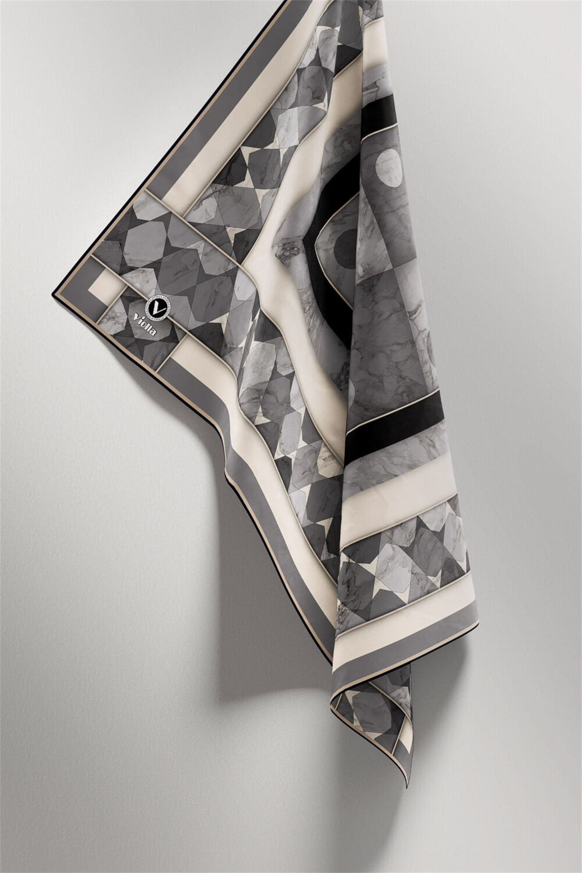 Twill Geometrik Mermer Desenli Gri Renkli 90x90 Eşarp (İpek İçermez) Kenar Dikiş Şekli El Dikişli