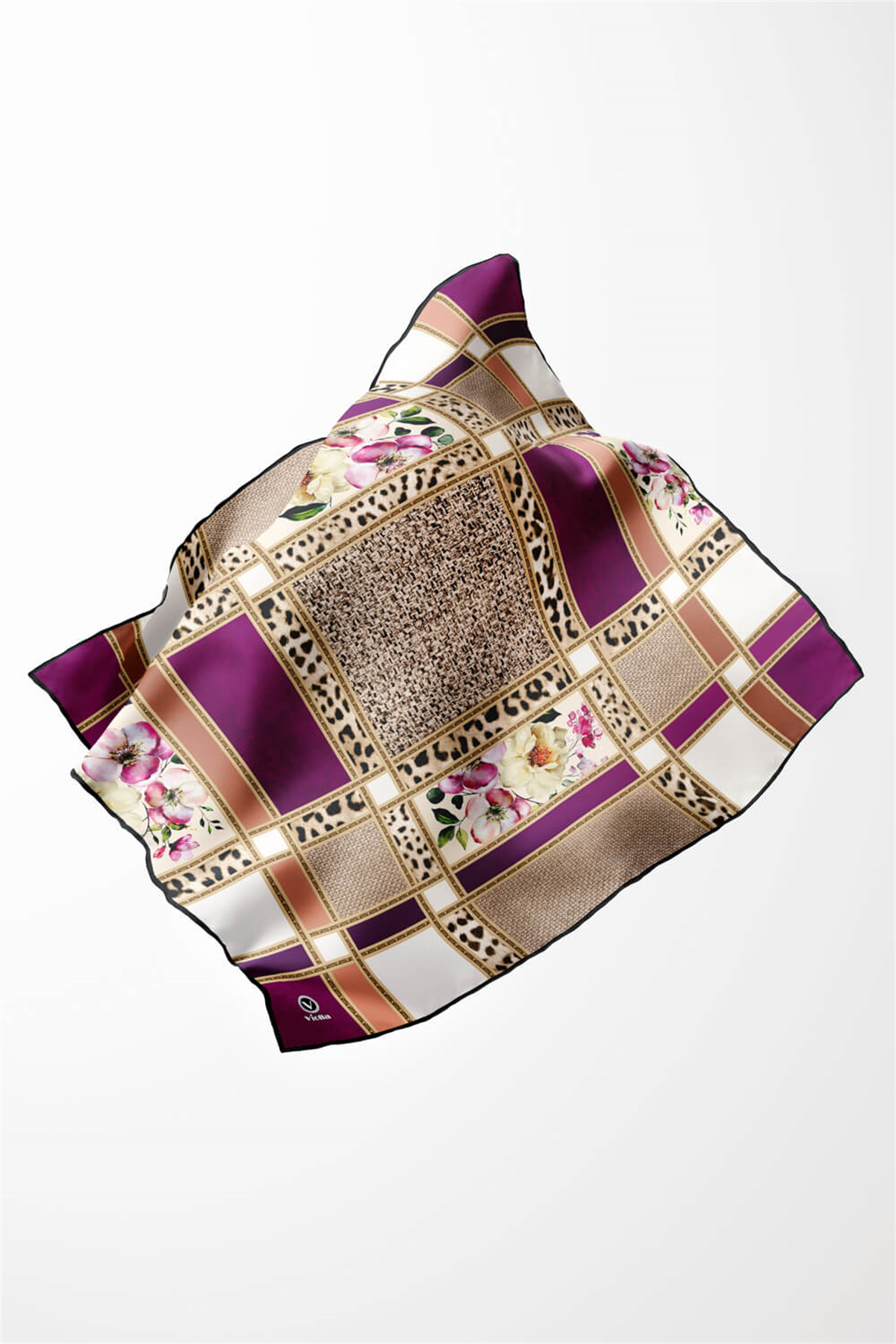 Twill Leopar ve Çiçek Desenli Mürdüm - Bej  Renkli 90x90 Eşarp (İpek İçermez) Dikim Şekli : El Dikişi