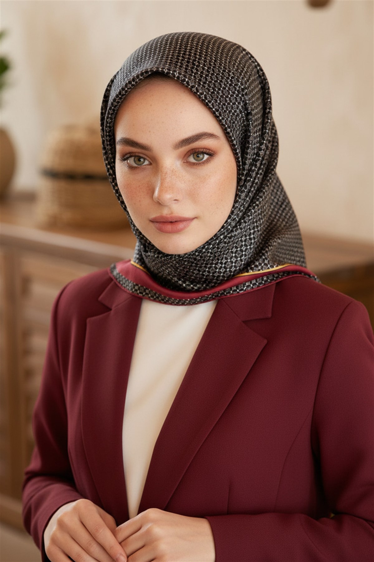 %100 Twill İpek Minik Motif Desenli Siyah - Bordo Renkli 90x90 Eşarp Dikim Şekli : El Dikişi